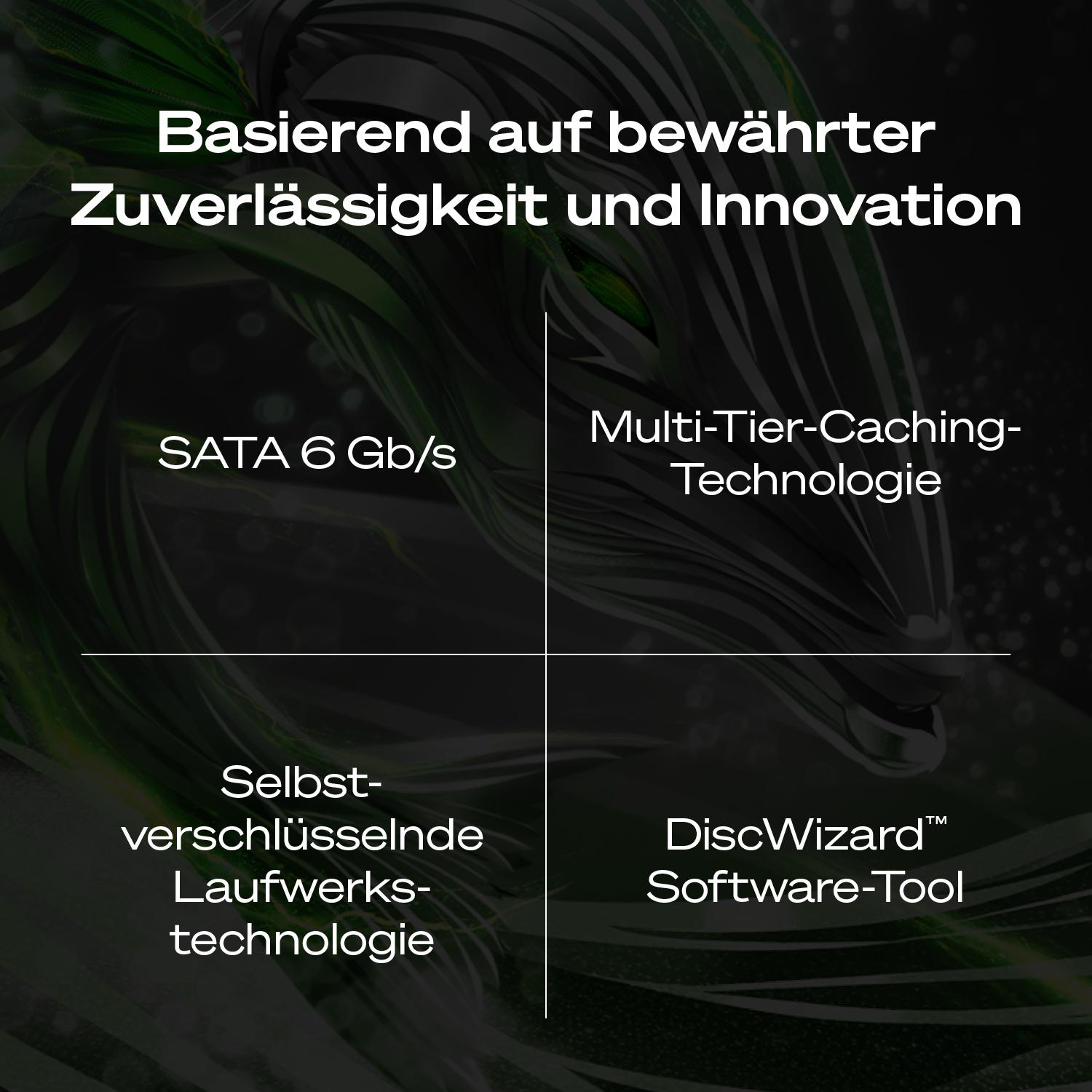 Grafik mit Text: Basierend auf bewährter Zuverlässigkeit und Innovation, SATA 6 Gb/s, Multi-Tier-Caching-Technologie, Selbstverschlüsselnde Laufwerkstechnologie, DiscWizard Software-Tool.