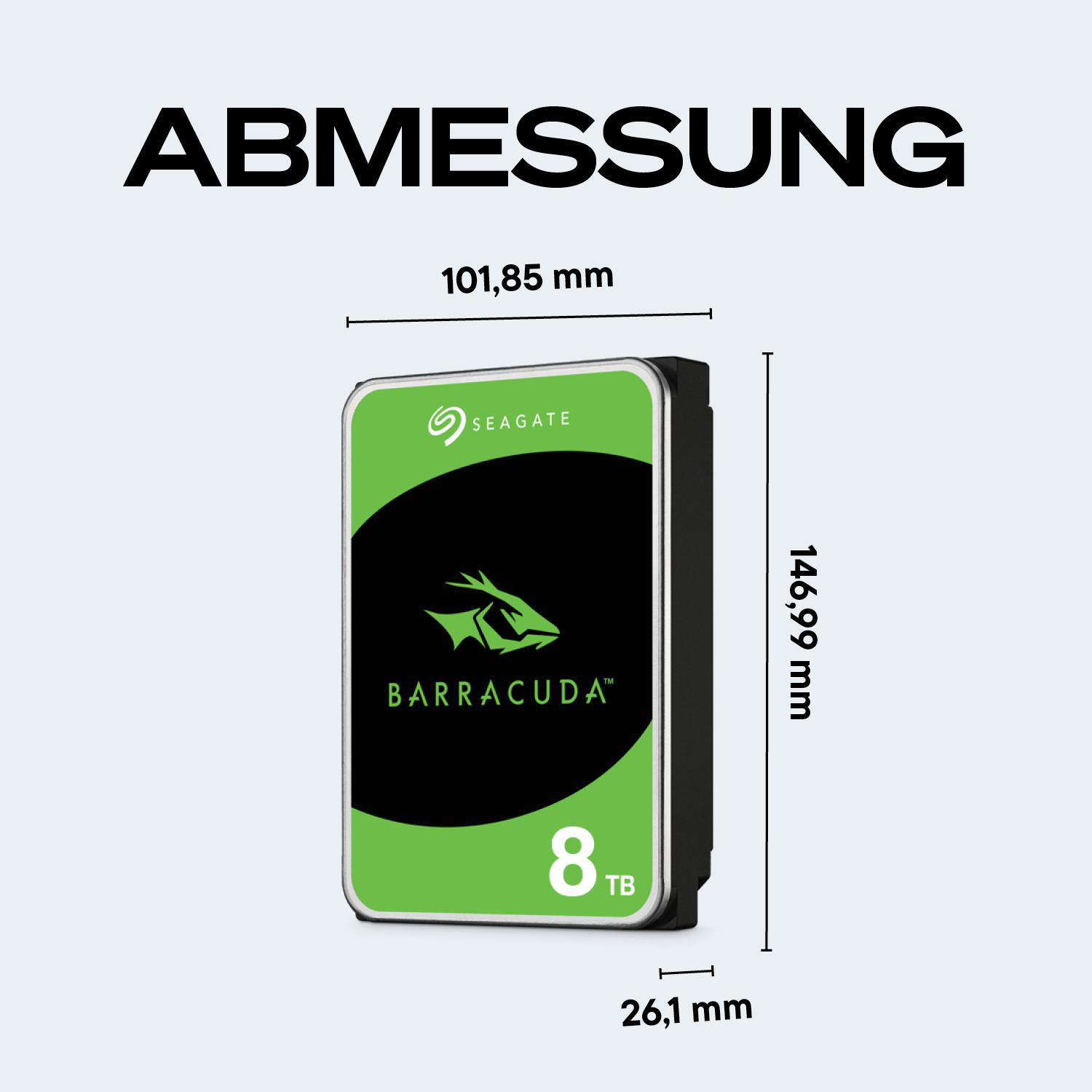 Seagate Barracuda 8TB Festplatte mit Maßen 101,85 x 146,99 x 26,1 mm.