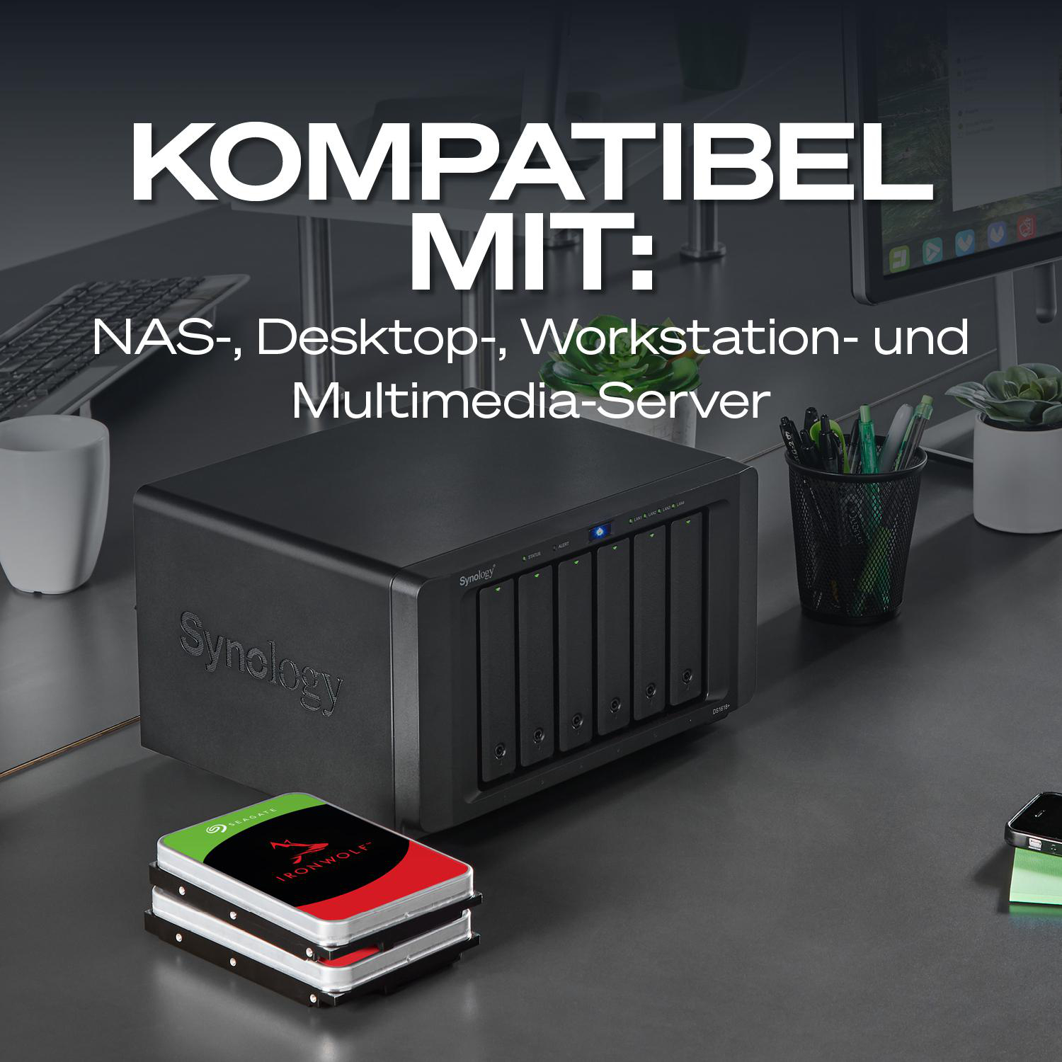 Synology NAS, Seagate IronWolf HDDs, PCs, und Server auf einem Schreibtisch.