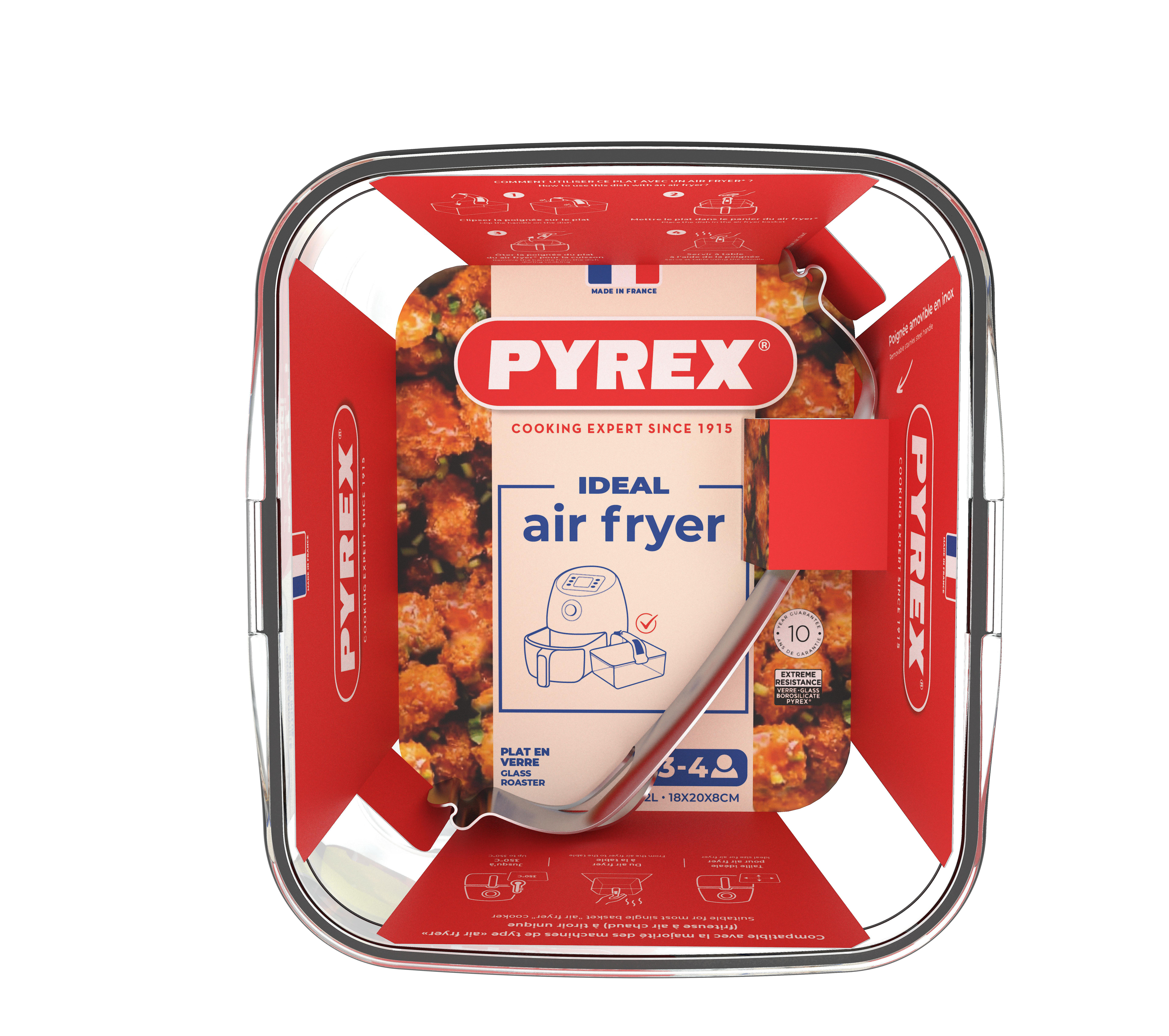 Pyrex Glasform für Heißluftfritteusen mit rotem Etikett, das Essen zeigt.