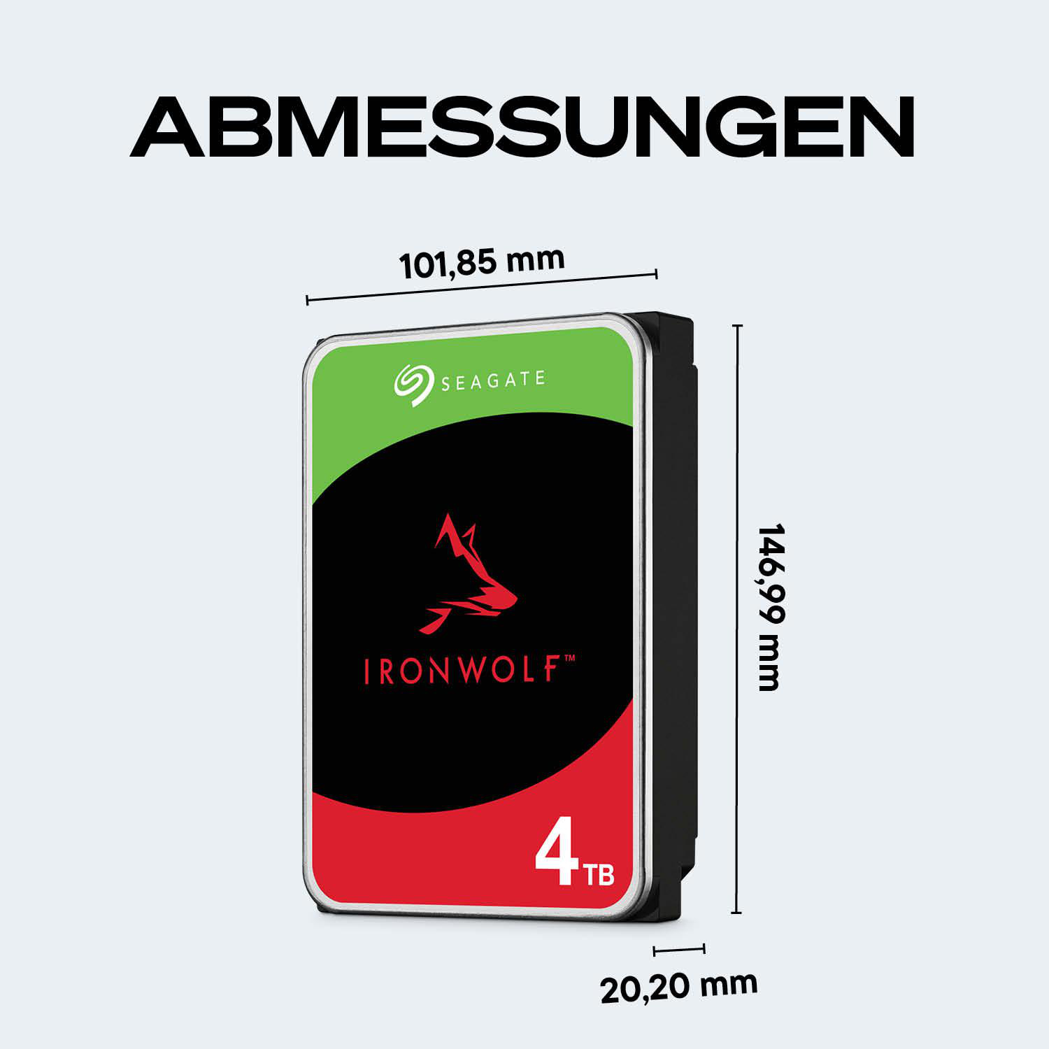 Seagate IronWolf 4TB Festplatte mit Maßen 101,85x146,99x20,20 mm.