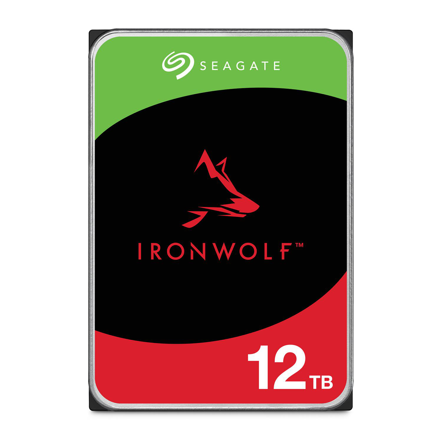 Seagate IronWolf 12TB Festplatte mit rotem Wolfskopf-Logo auf schwarzem Hintergrund.