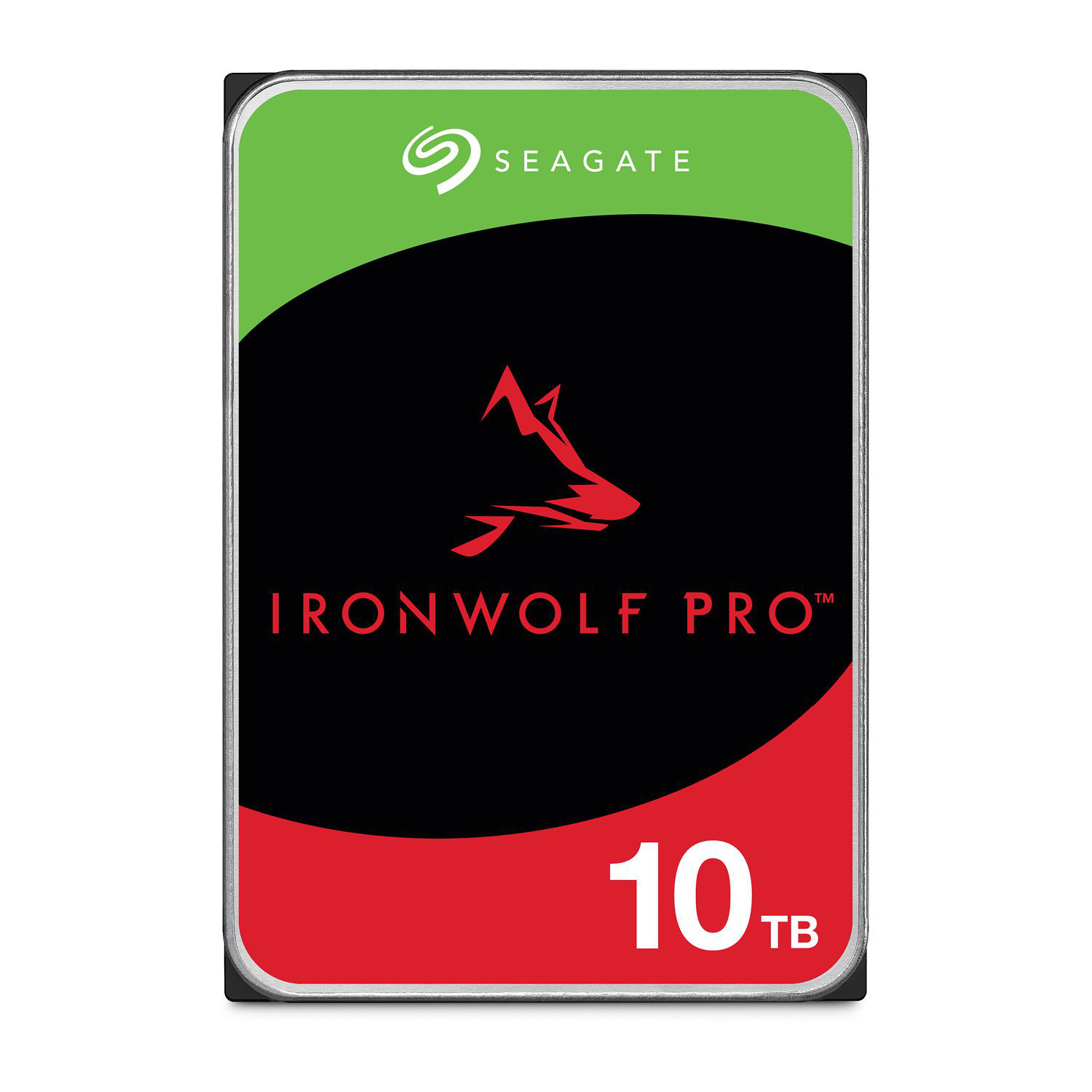 Seagate IronWolf Pro 10TB Festplatte mit rotem Wolfskopf-Logo.