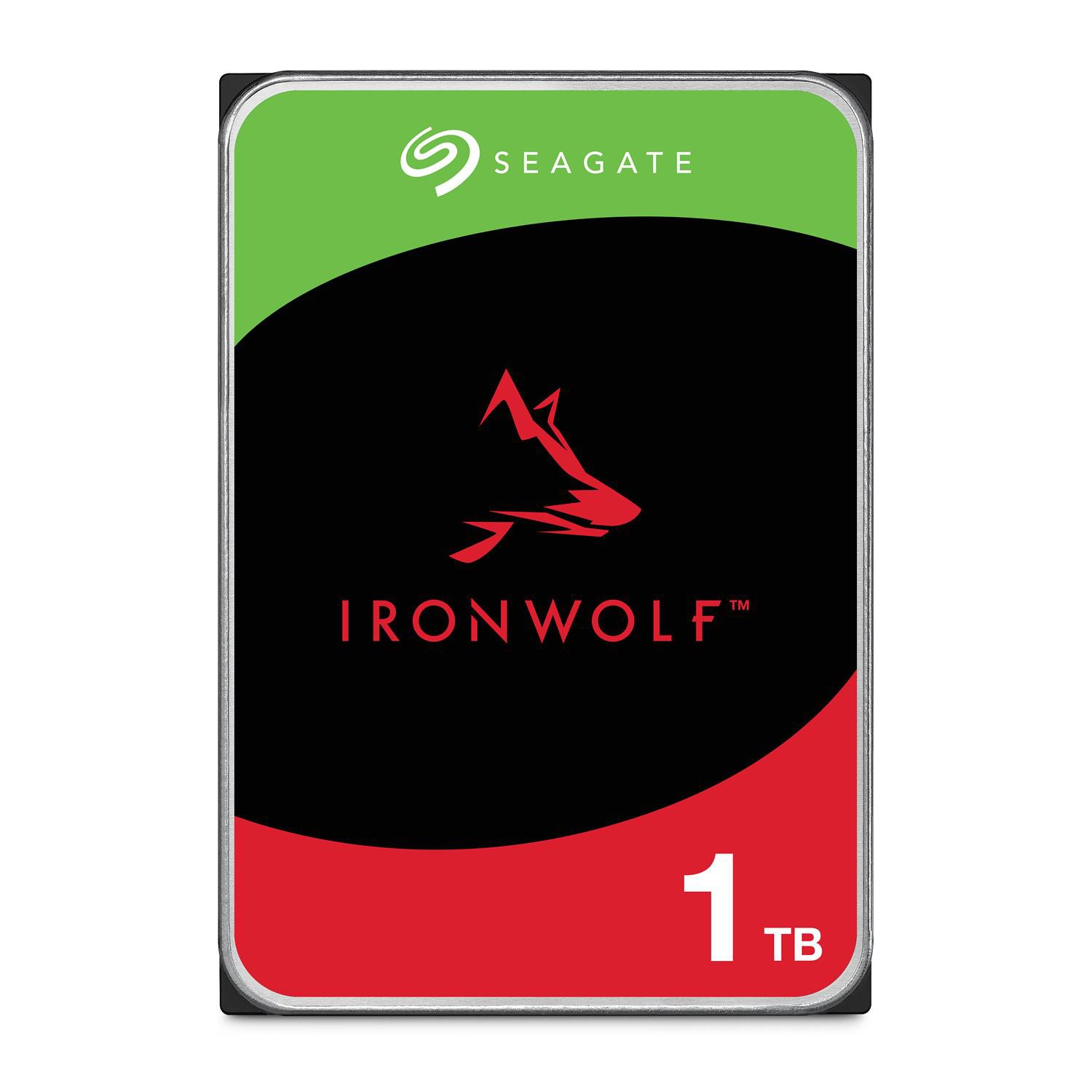 Seagate IronWolf 1TB Festplatte mit rotem Wolfskopf-Logo und grün-rotem Design.