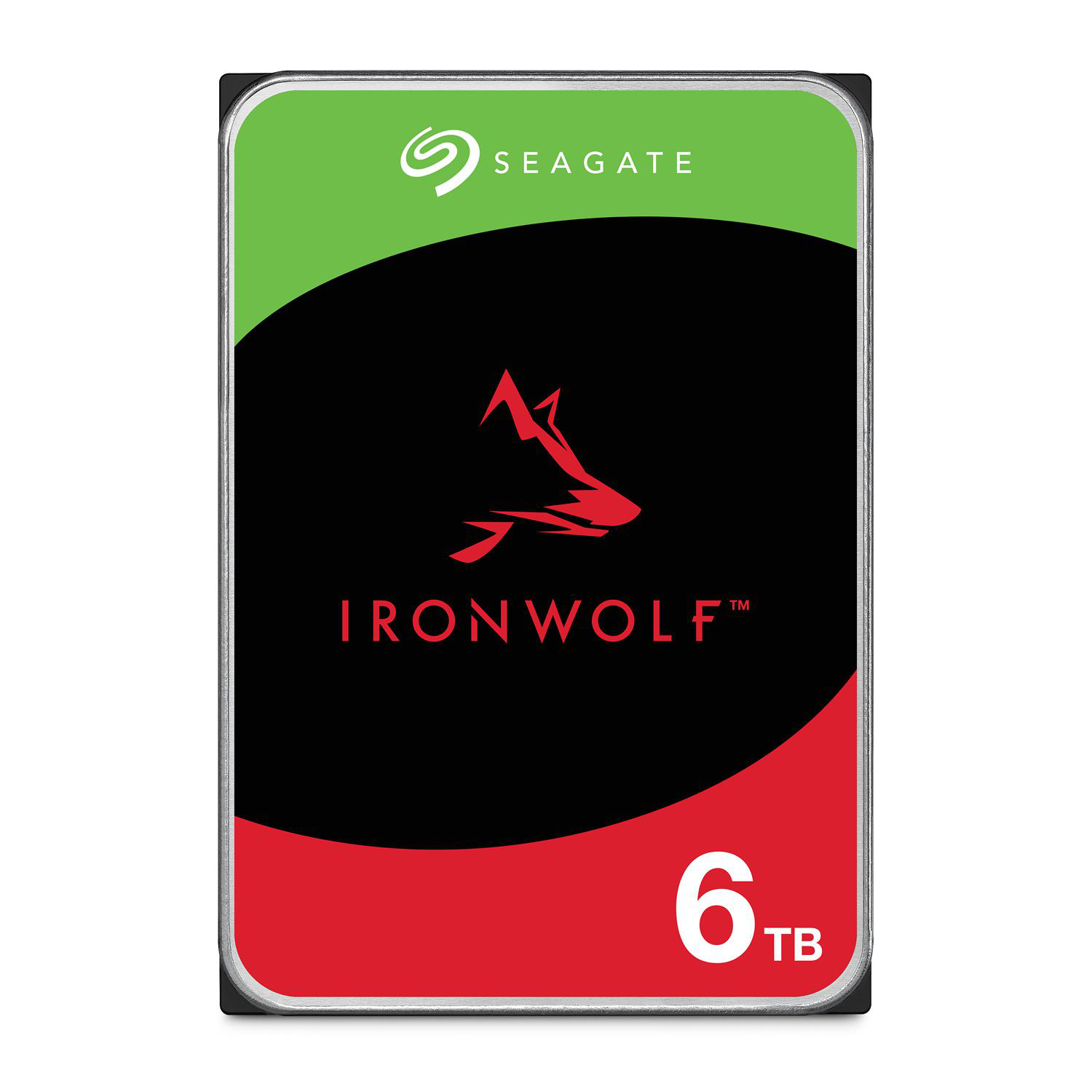 Seagate IronWolf 6TB Festplatte mit rotem Wolfskopf-Logo und grün-rotem Design.