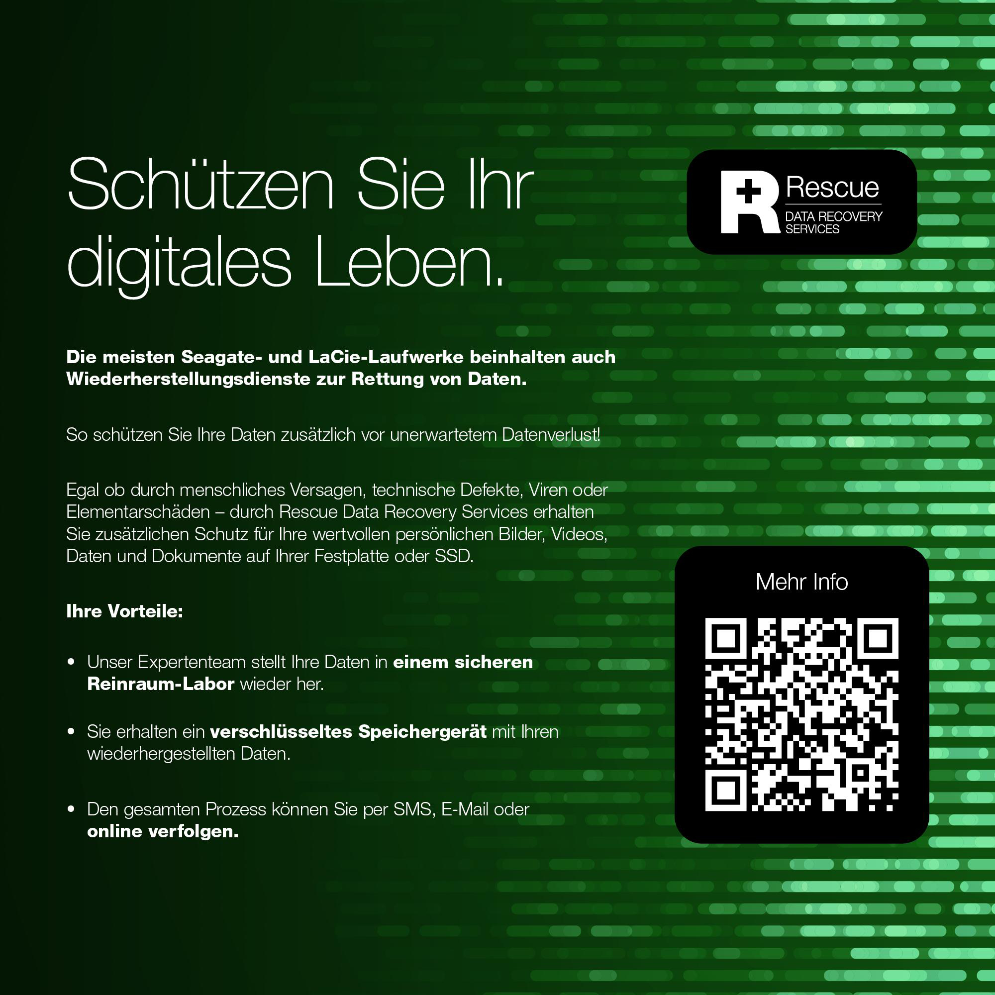 Schützen Sie Ihr digitales Leben. Logo und QR-Code für Datenrettungsdienste.