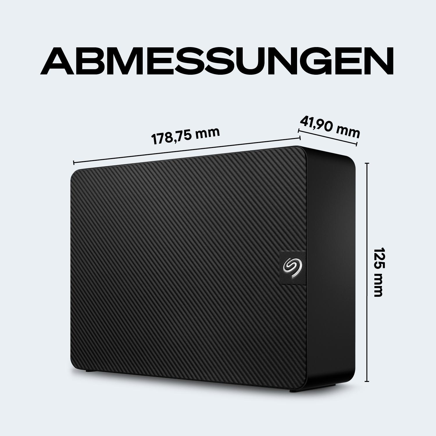 Schwarze Festplatte mit Maßen 178,75mm x 41,90mm x 125mm.