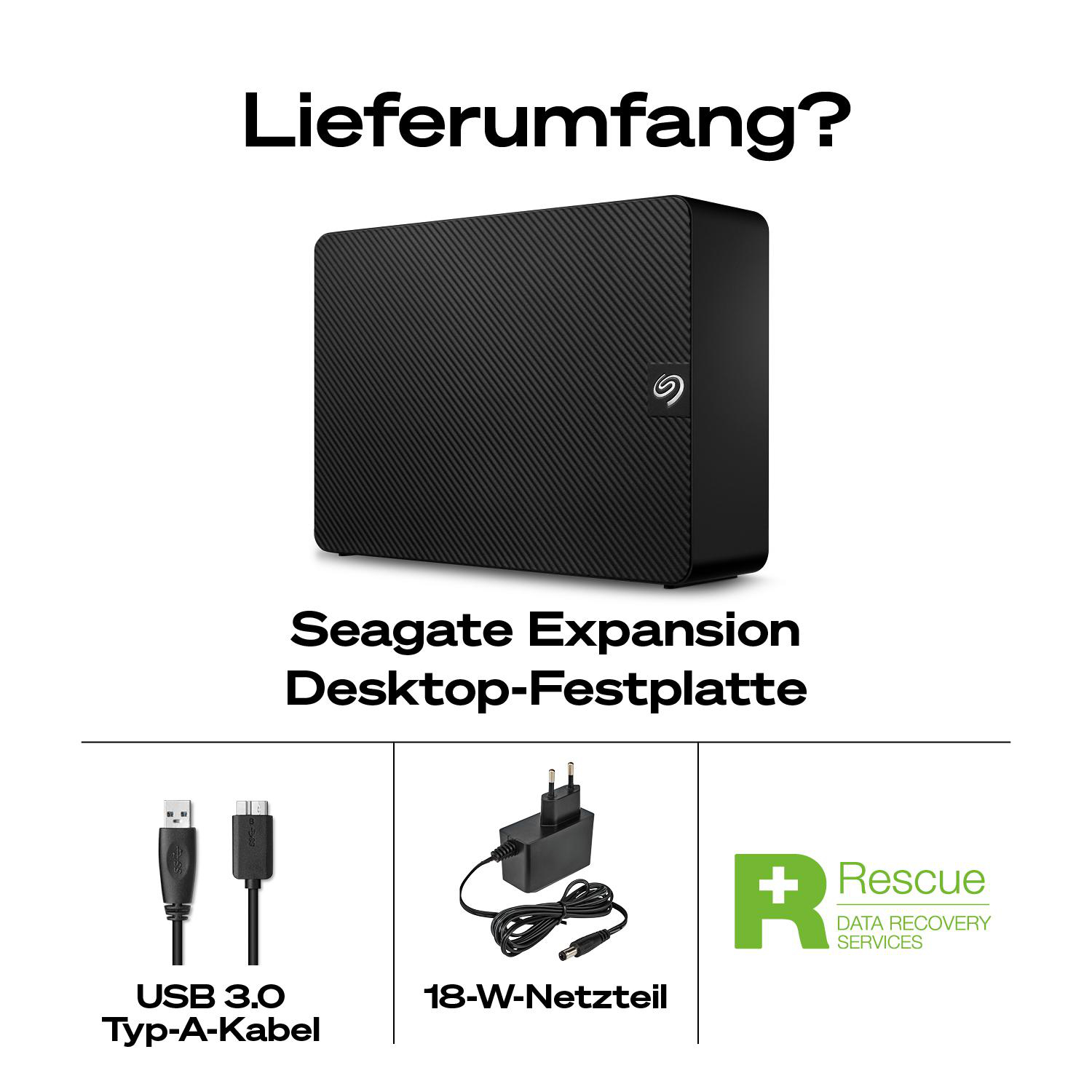 Seagate Expansion Desktop-Festplatte mit USB-Kabel und Netzteil.