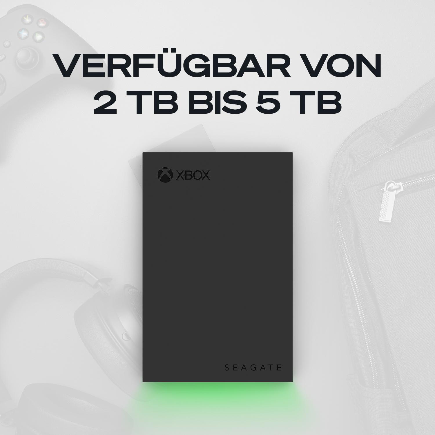 Schwarze Xbox-Festplatte mit Seagate-Logo, von 2 bis 5 TB verfügbar.