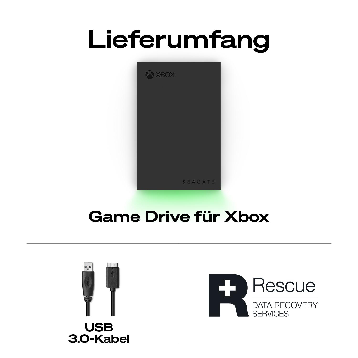 Lieferumfang: Seagate Game Drive für Xbox, USB 3.0 Kabel, Rescue Data Recovery.
