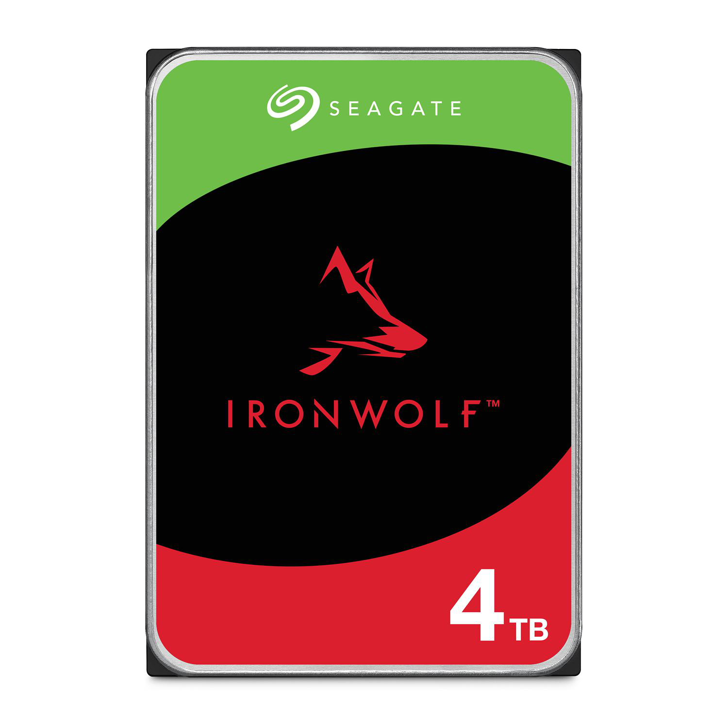 Seagate IronWolf 4TB Festplatte mit rotem Wolfskopf-Logo.