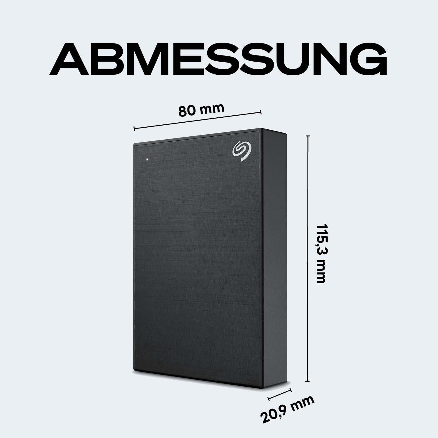 Schwarze externe Festplatte mit Maßen 80x115,3x20,9 mm.