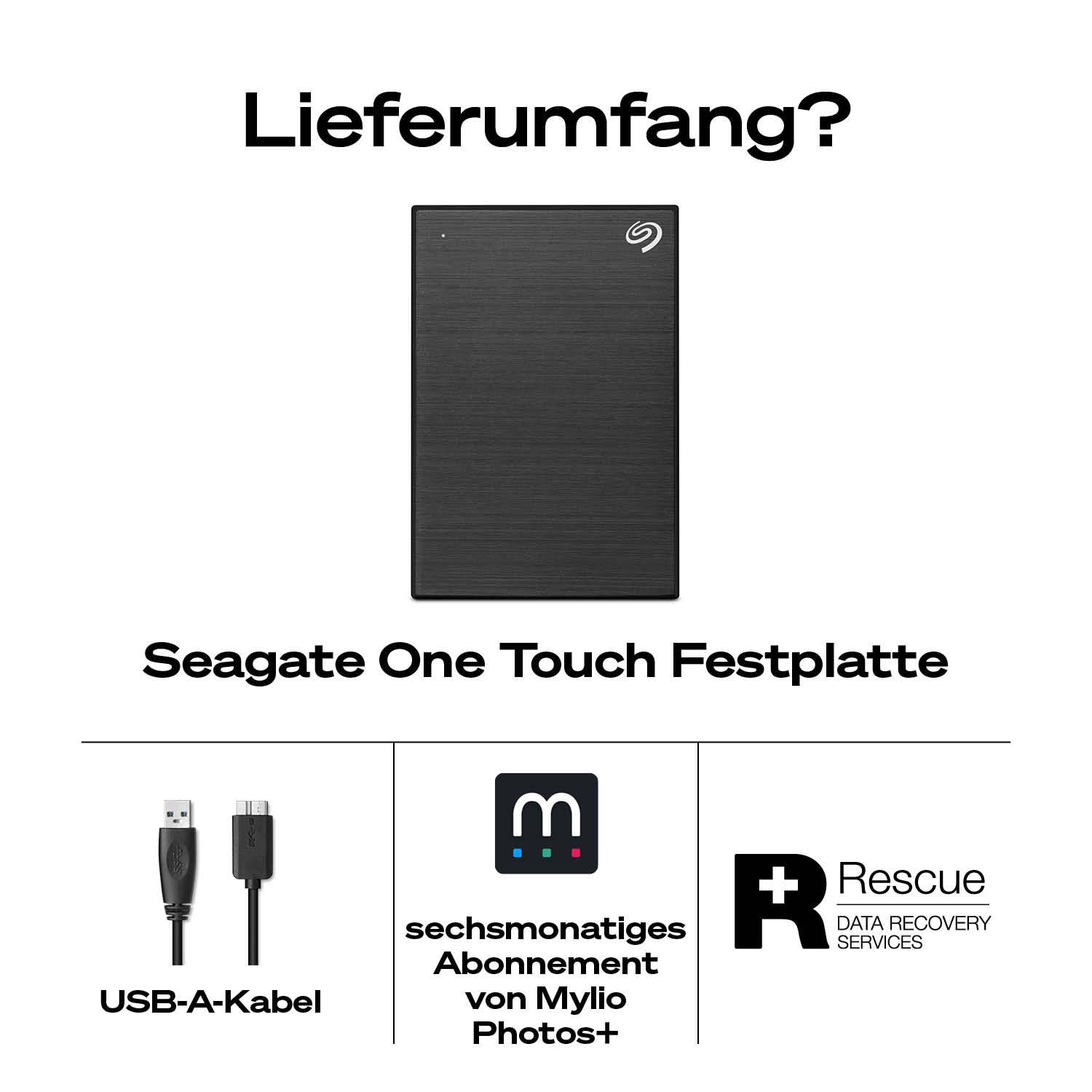 Seagate One Touch Festplatte mit USB-Kabel, Mylio Photos Abo & Rescue Service.
