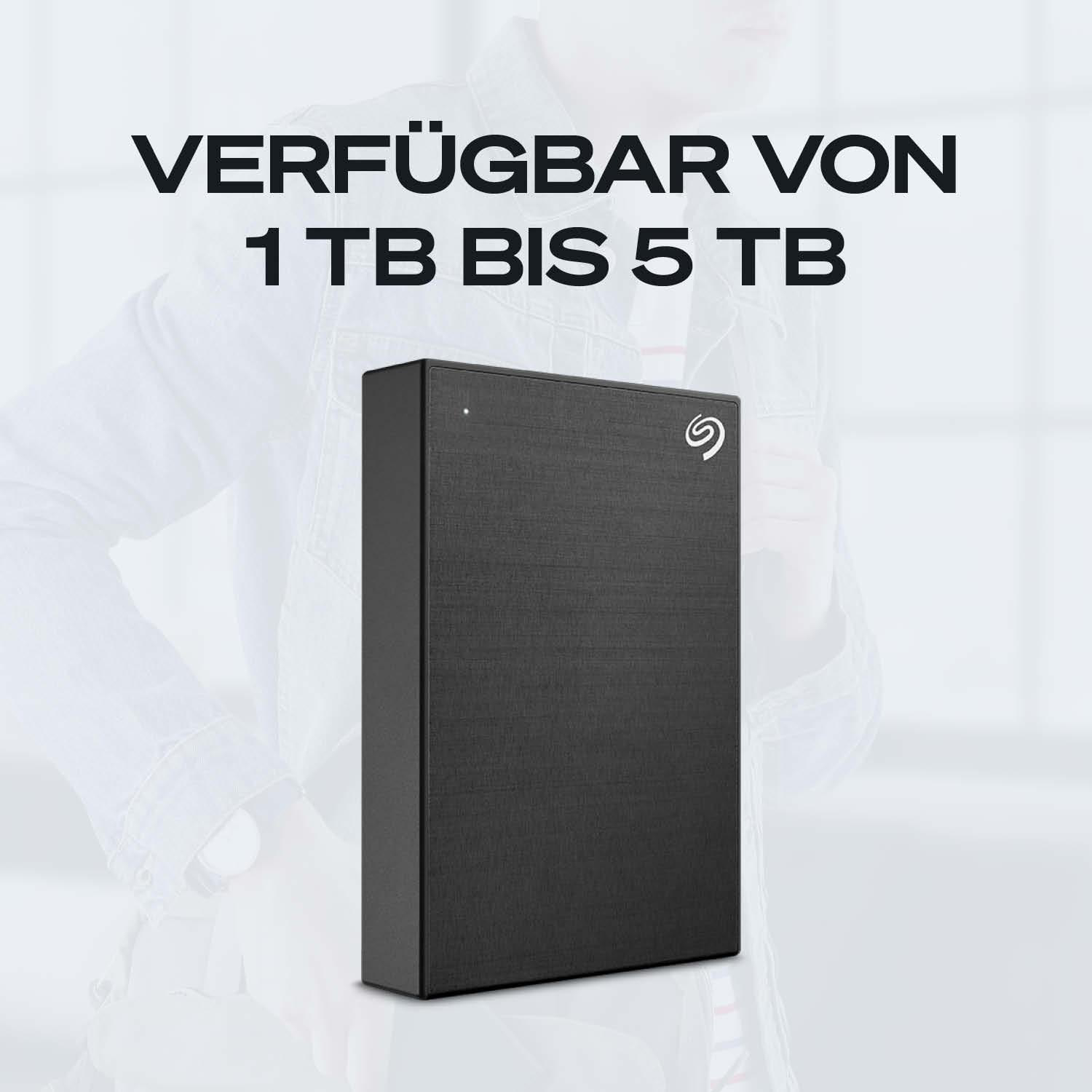 Schwarze externe Festplatte mit Seagate-Logo, 1 TB bis 5 TB.
