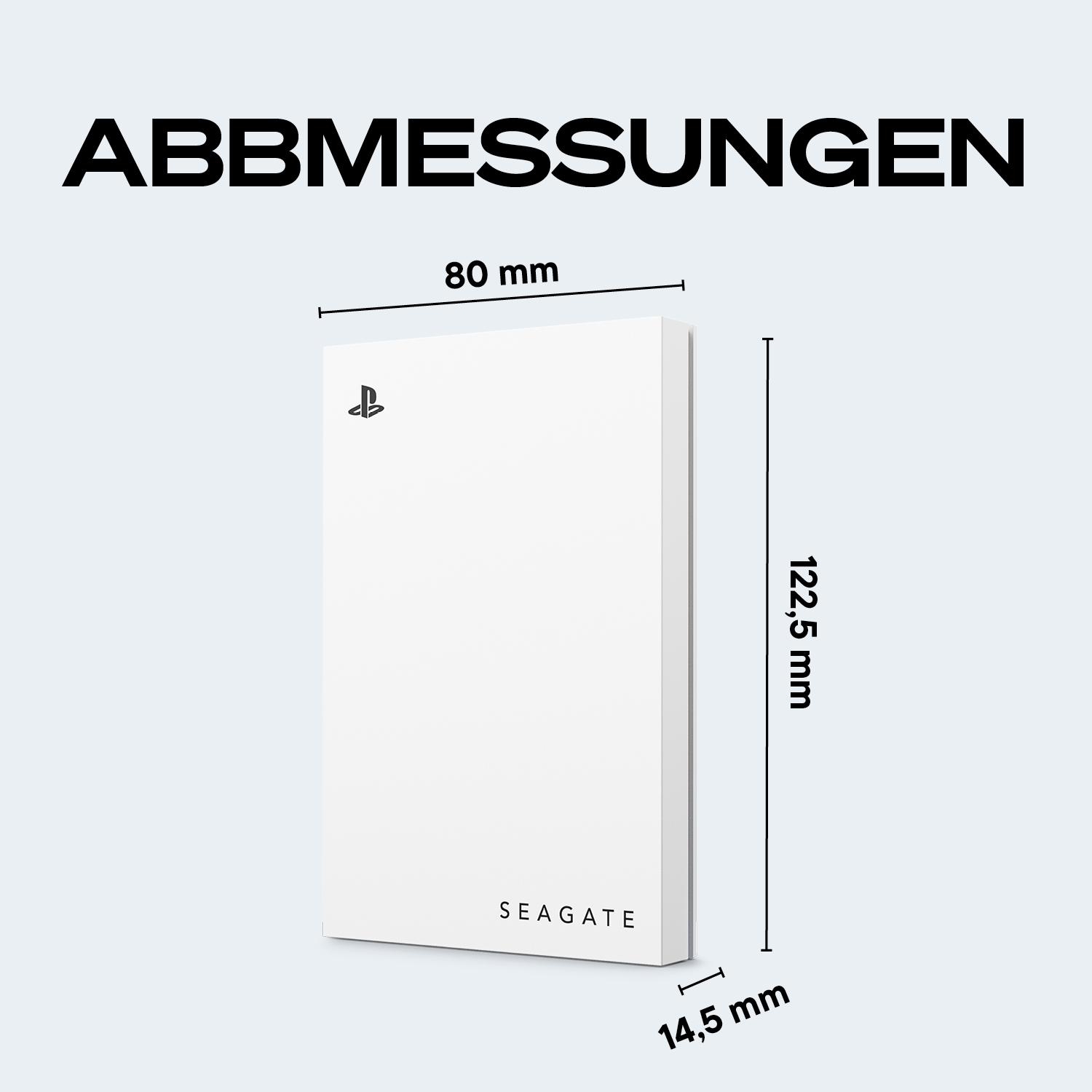 Weiße Festplatte mit PlayStation-Logo, Maße 80 x 122,5 x 14,5 mm.