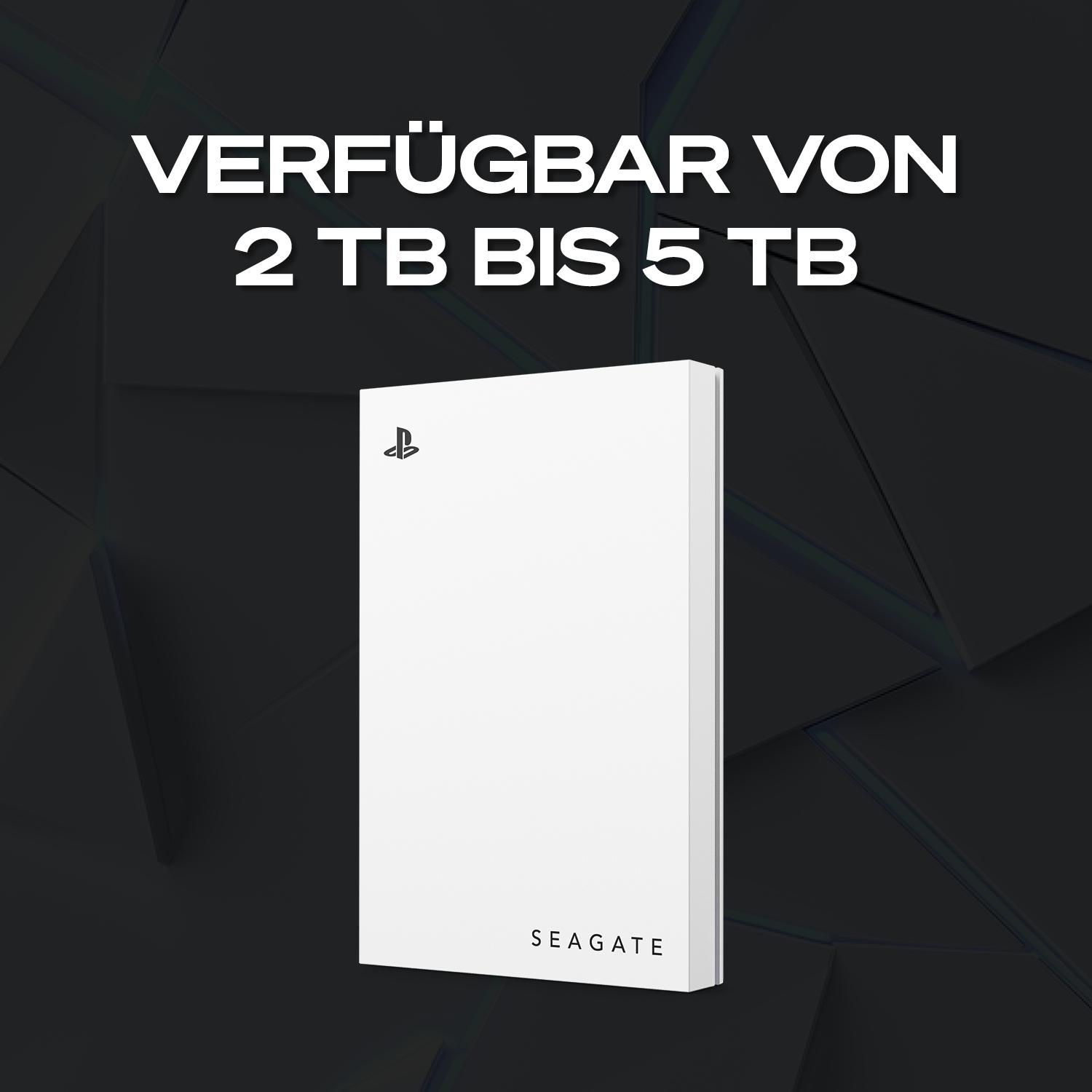 Weiße Seagate externe Festplatte mit PlayStation-Logo. Verfügbar von 2 TB bis 5 TB.