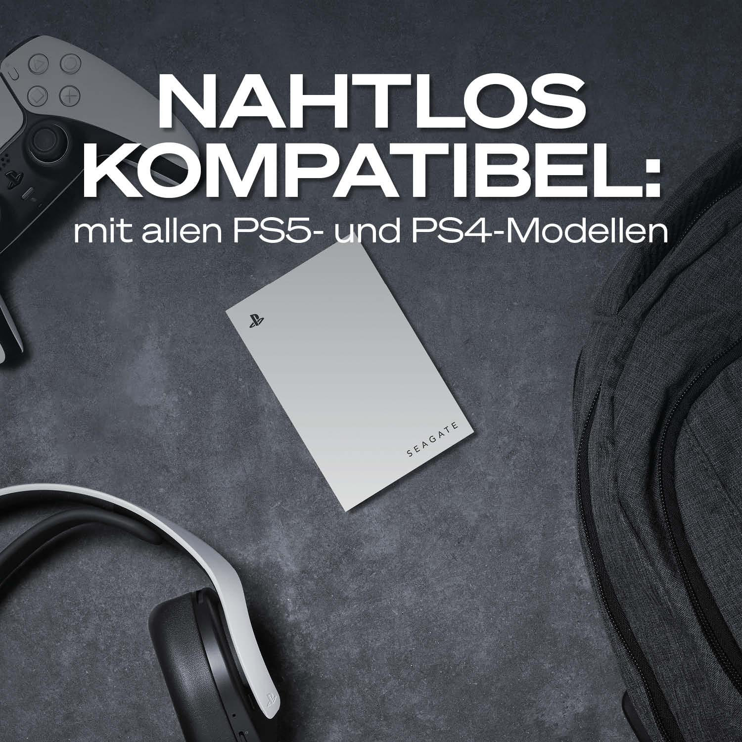 PS5 Controller, Kopfhörer, Seagate SSD und Rucksack auf dunklem Untergrund.