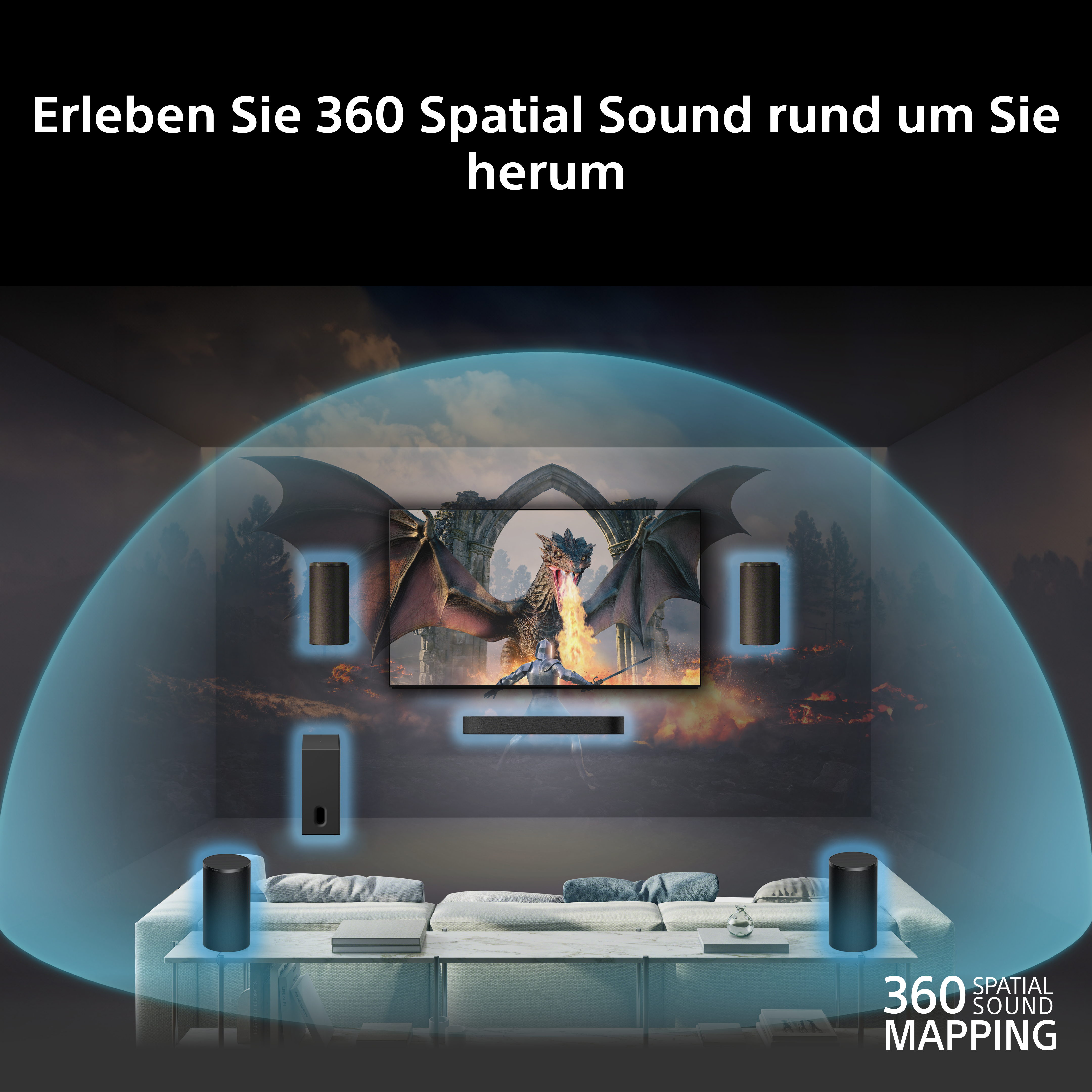 Ein Drache speit Feuer vor einem Ritter auf einem Fernseher, umgeben von Lautsprechern.