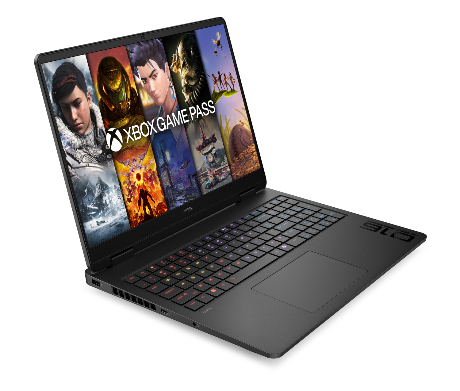 Otwarty laptop wyświetla ekran Xbox Game Pass z podświetlaną klawiaturą.