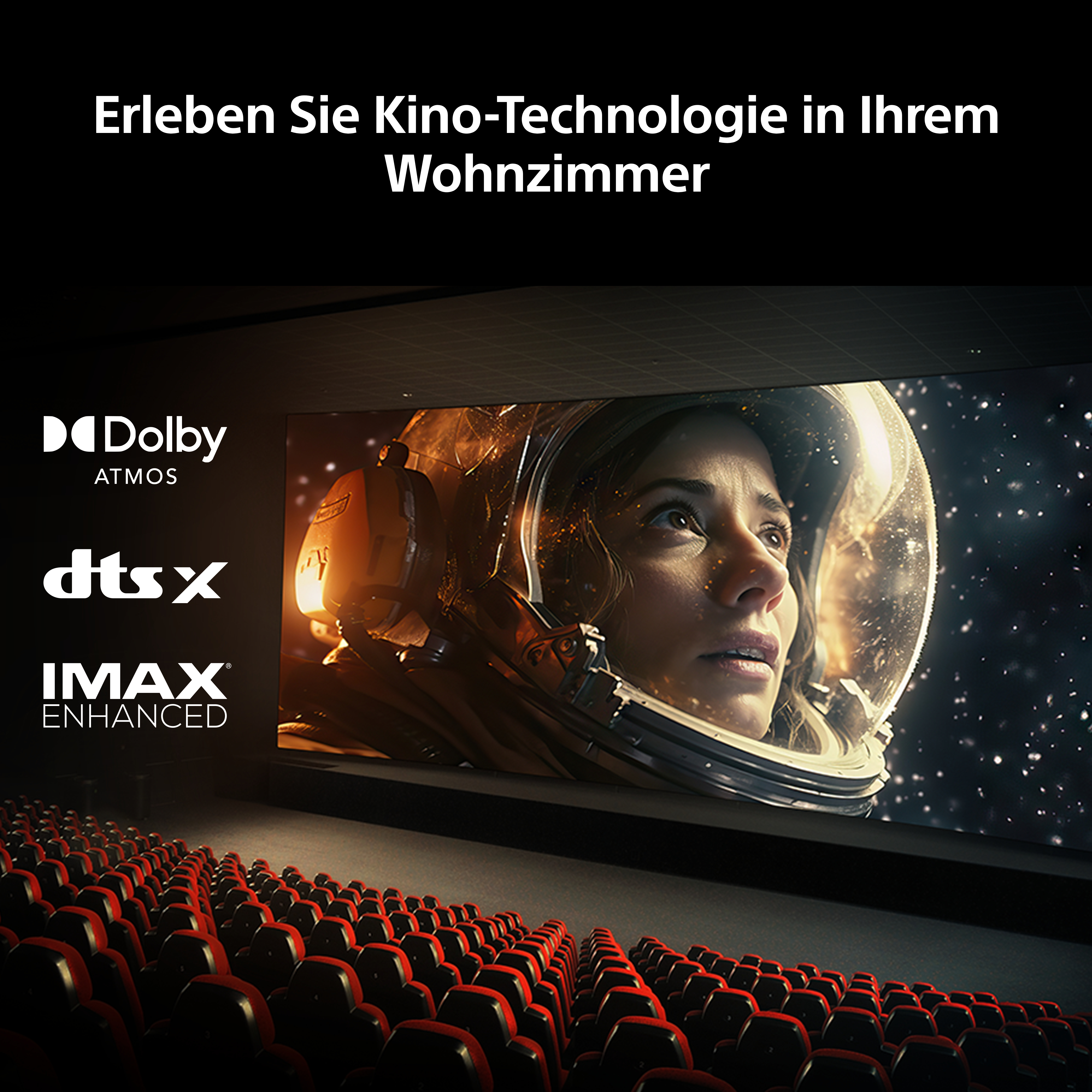 Kino-Atmosphäre mit Astronautin im Weltall auf Leinwand, Dolby, DTS:X, IMAX.