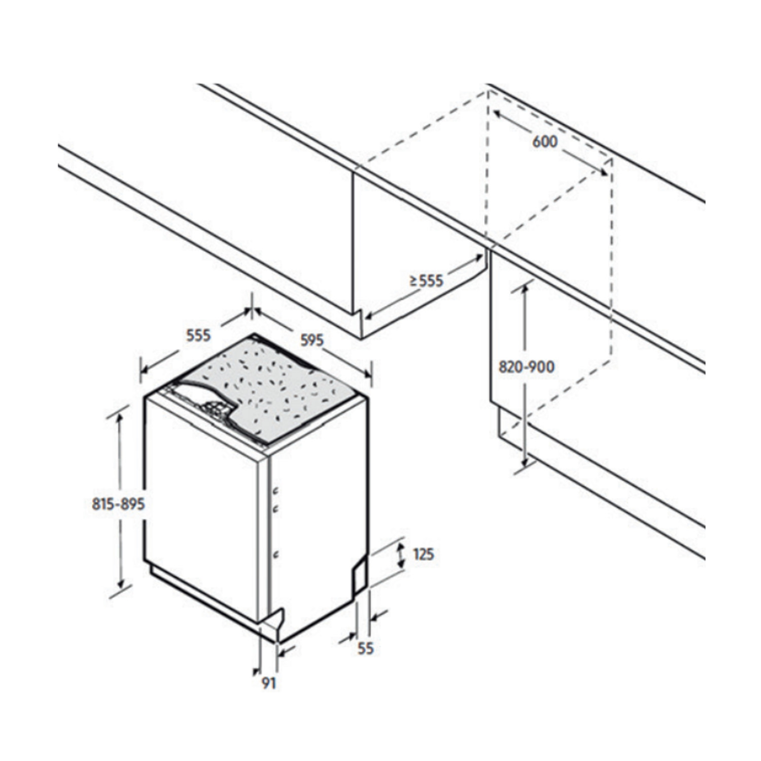 Disegno tecnico di una lavastoviglie con dimensioni.