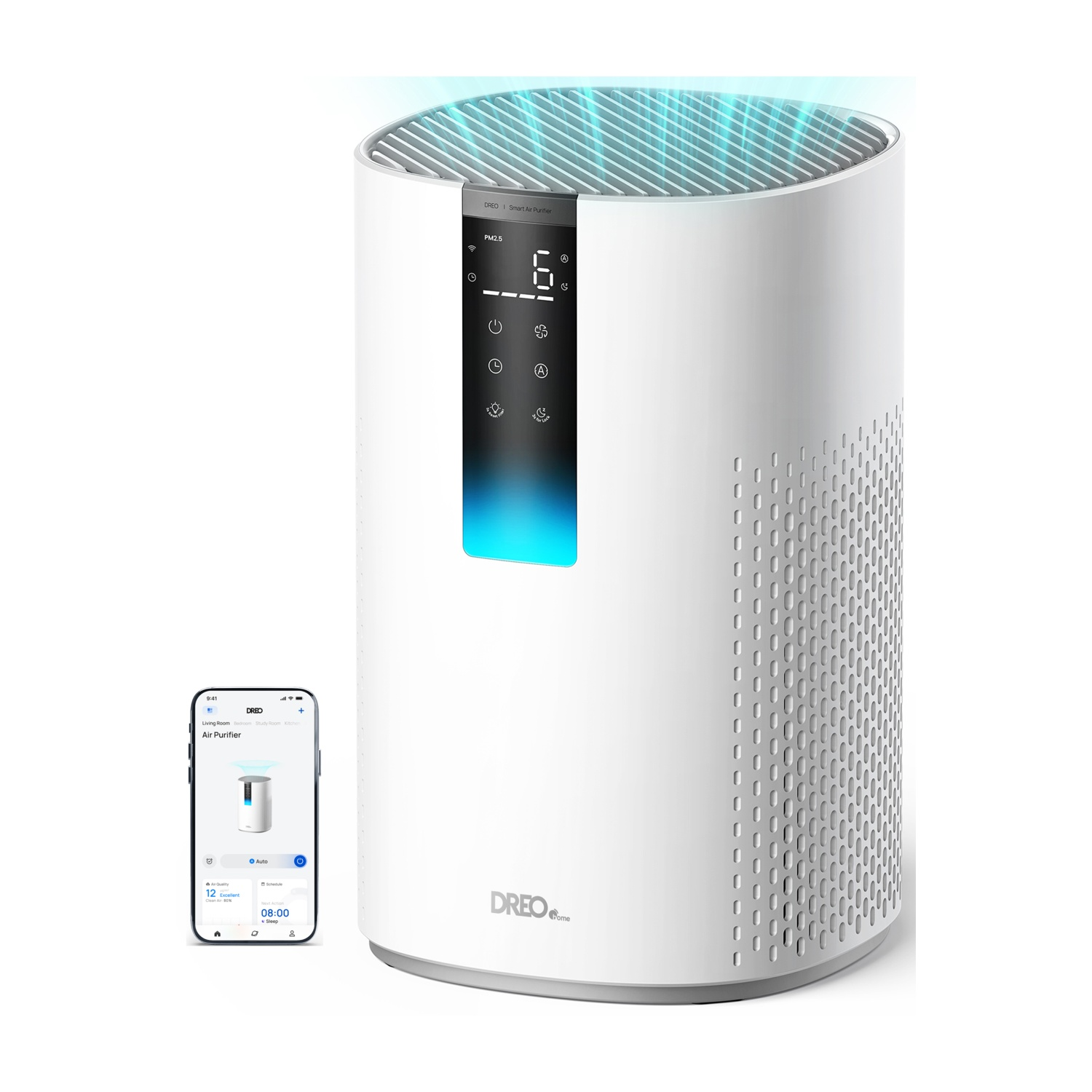 Purificatore d'aria bianco con luce blu e display digitale. App smartphone in primo piano.