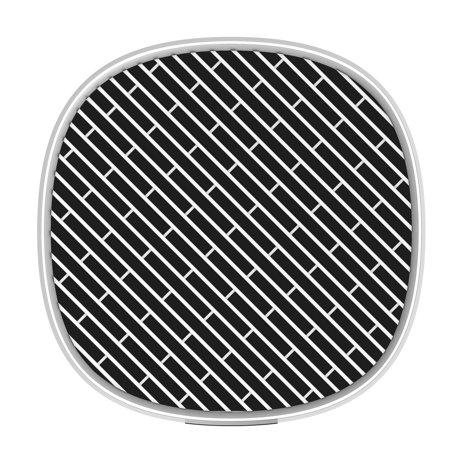 Un bordo bianco circonda un motivo nero di linee diagonali con interruzioni bianche.