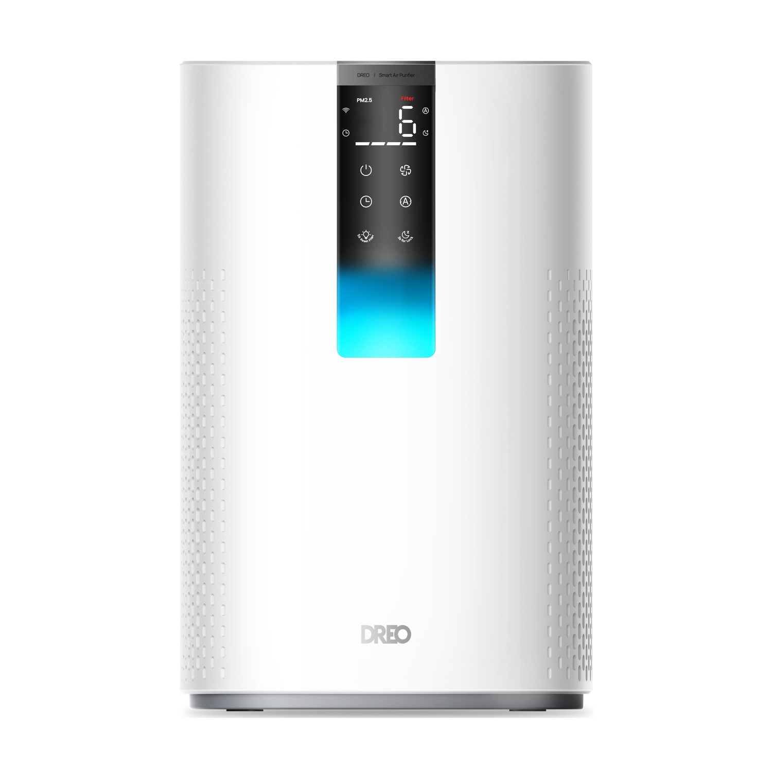 Un purificatore d'aria bianco con display digitale e luce blu.