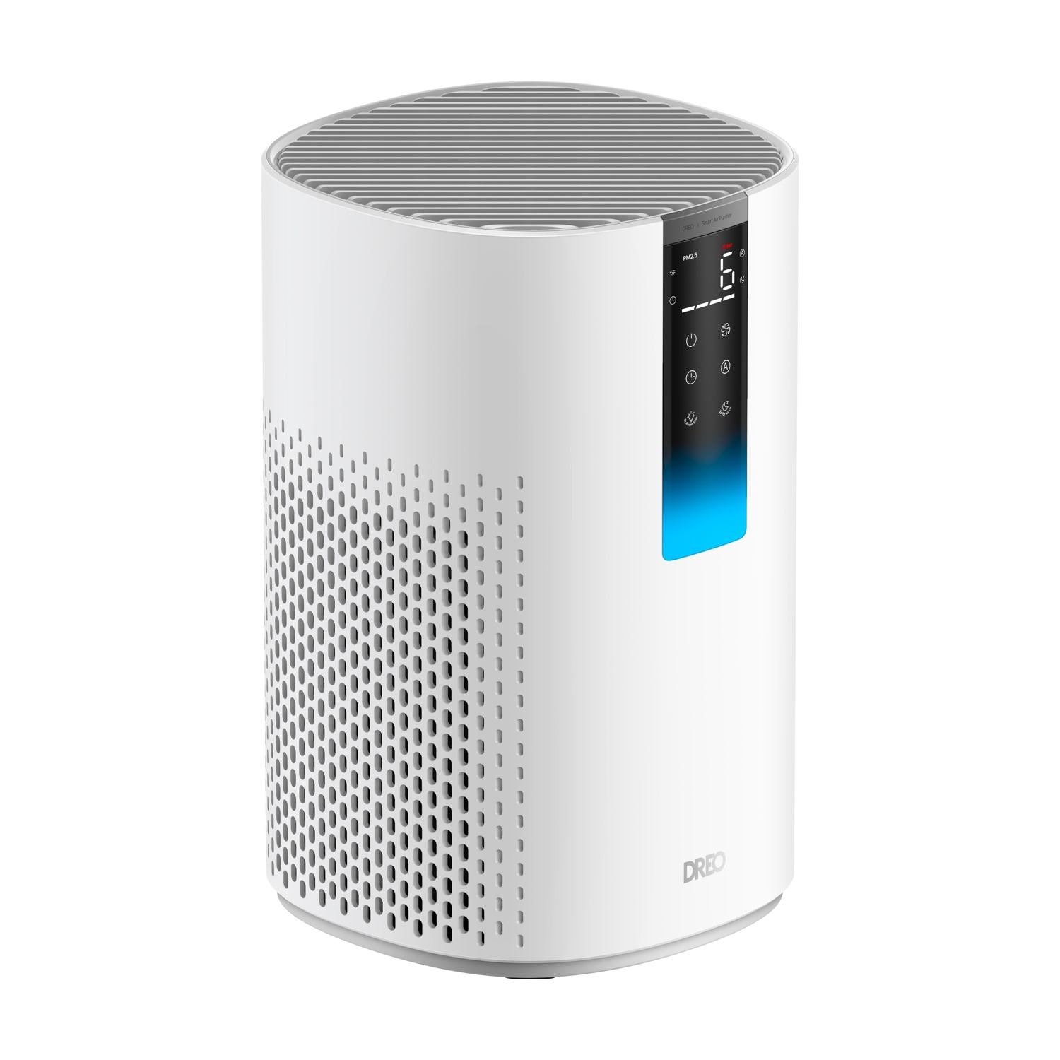 Un purificatore d'aria bianco con display digitale e illuminazione blu.