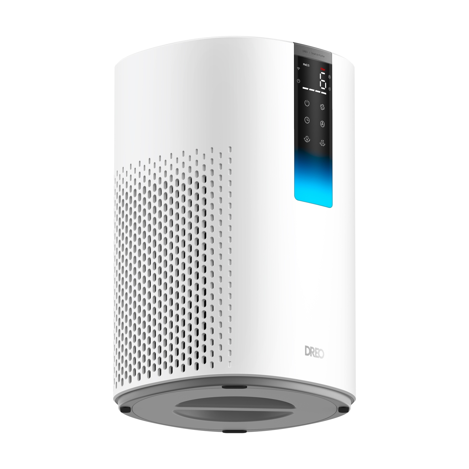 Un purificatore d'aria bianco con display digitale e illuminazione blu.