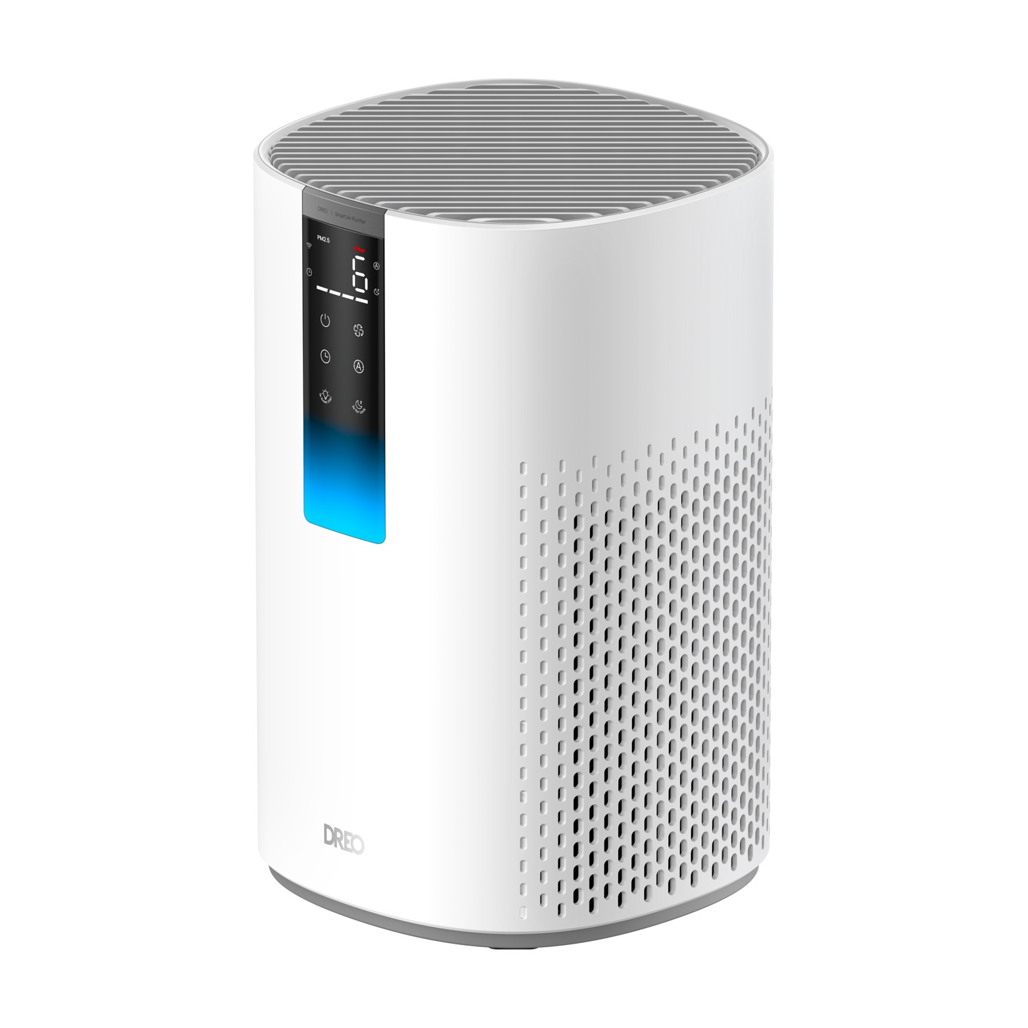 Un purificatore d'aria bianco con display digitale e luce blu.