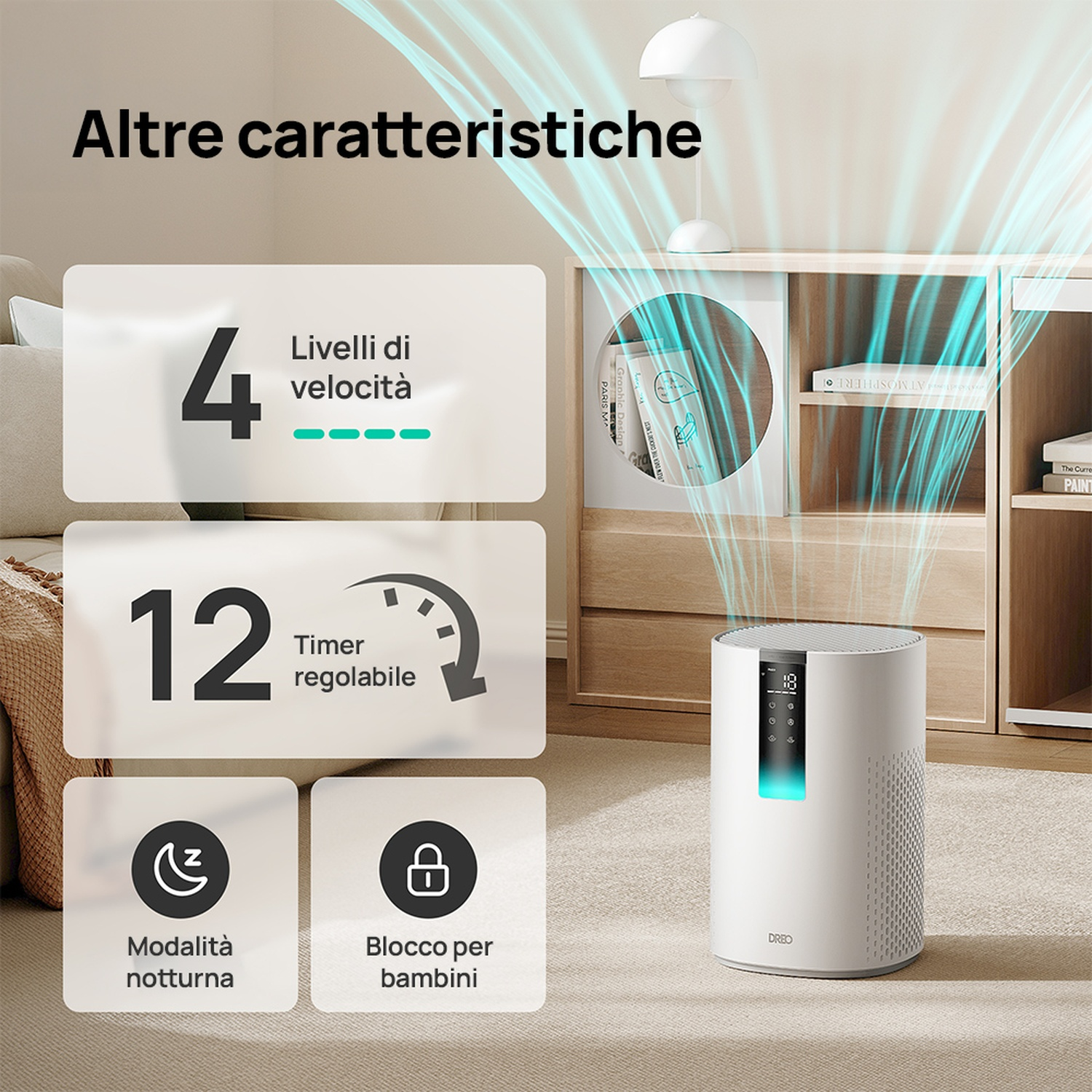 Un purificatore d'aria bianco con flussi d'aria blu, mostra 4 velocità.