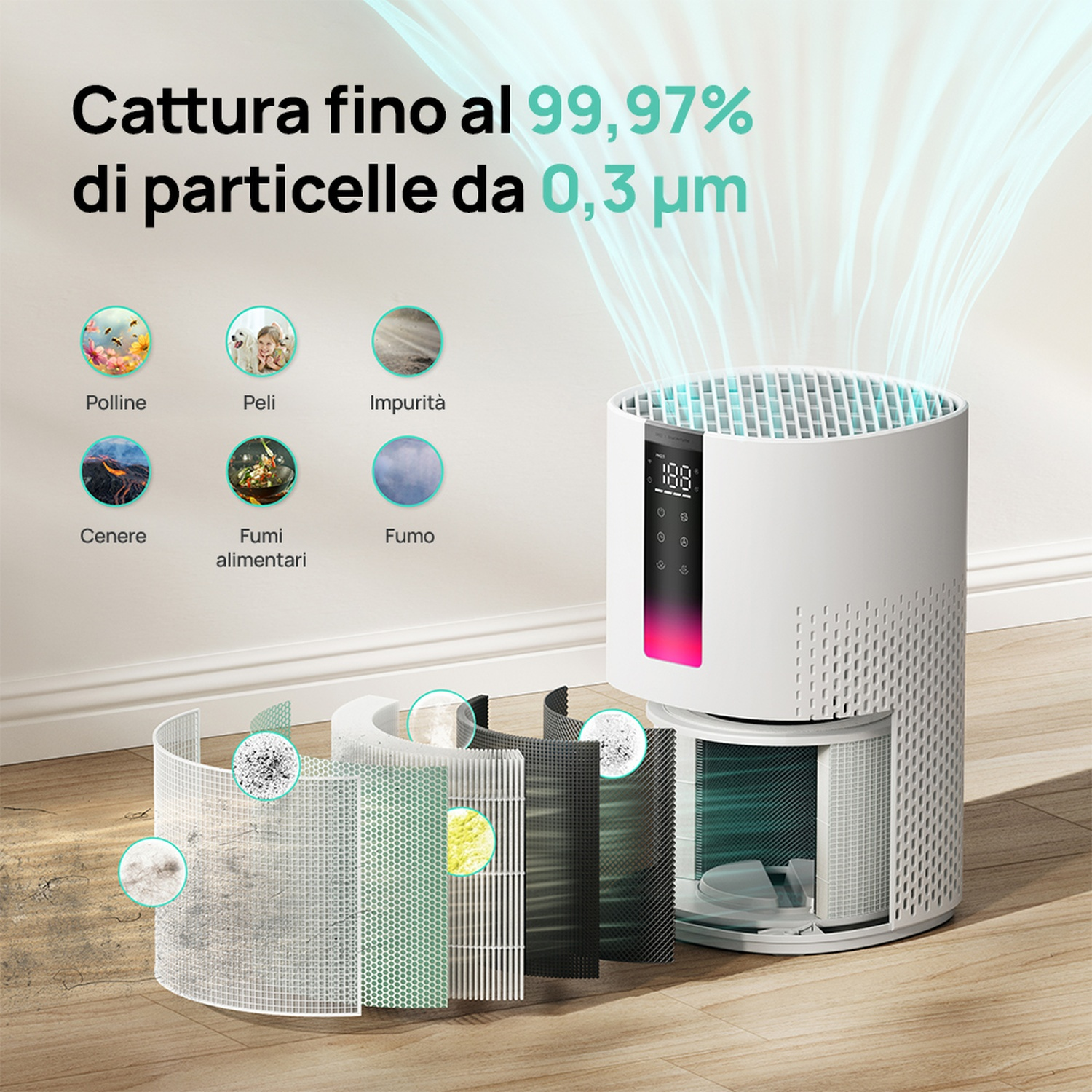 Purificatore d'aria con filtri che catturano pollini, peli, polvere, fumo e odori.