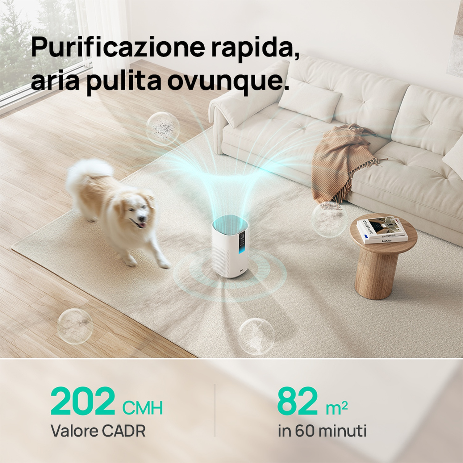 Un purificatore d'aria in un soggiorno con cane, divano e tavolino.