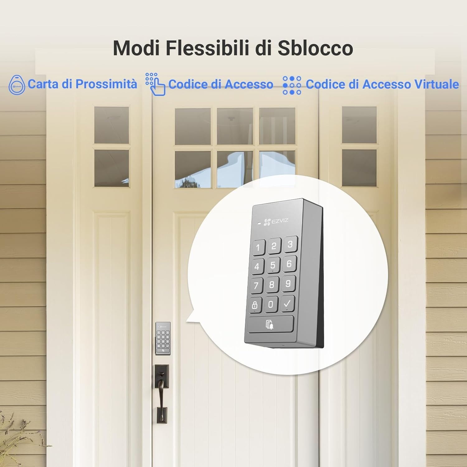 Una tastiera grigia per un codice di accesso alla serratura della porta è mostrata su una porta bianca.