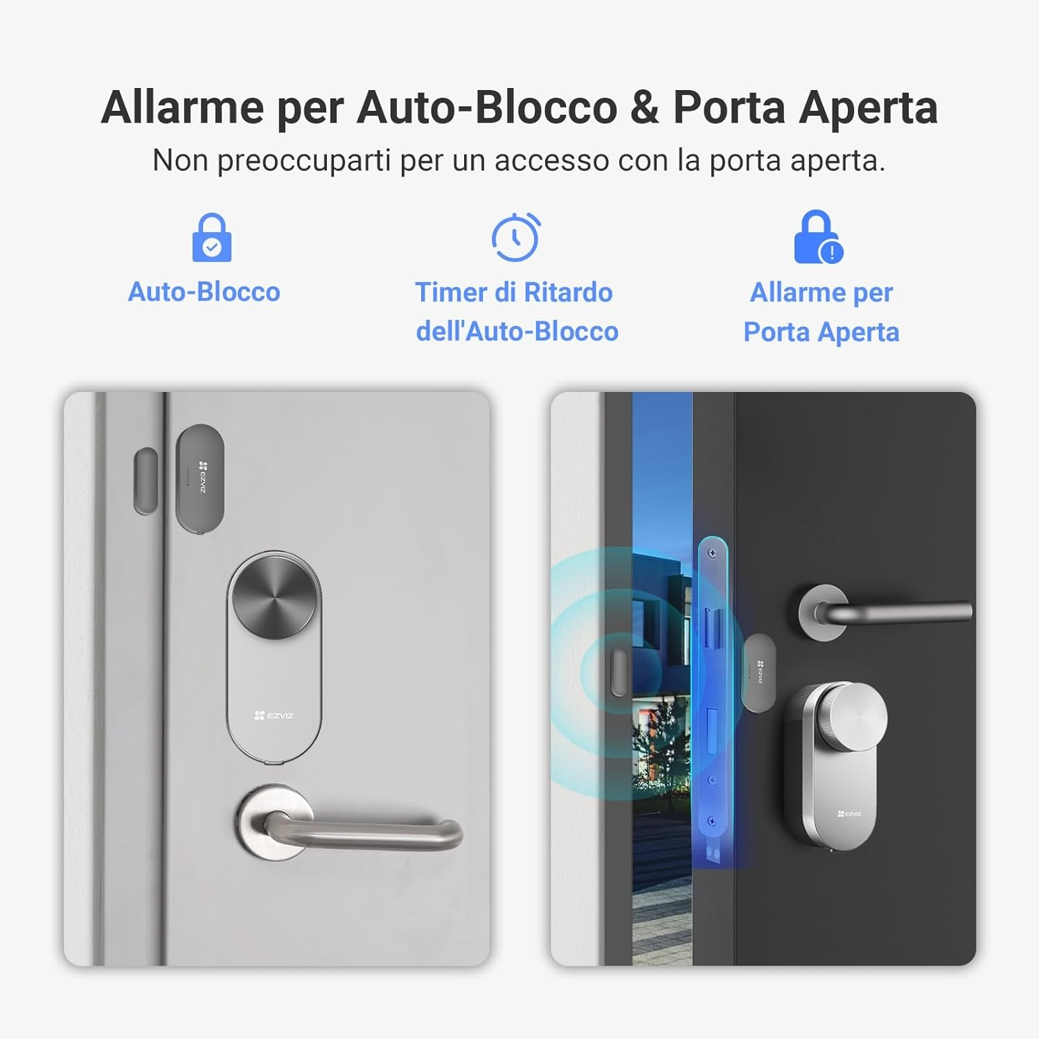 Confronto tra due sistemi di sicurezza porta: una chiusa, una con porta aperta e allarme.