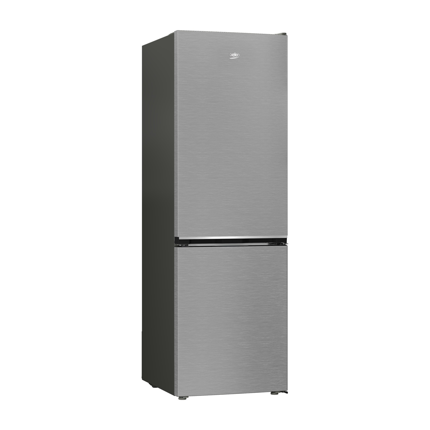 Un frigorifero argentato ed elegante a due porte con logo Beko.