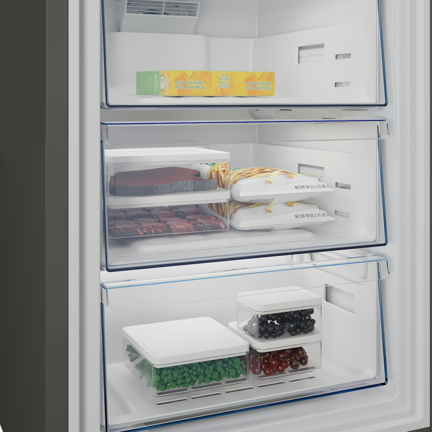 Congelatore con cibi surgelati: bacche, piselli, patatine, carne e gelato.