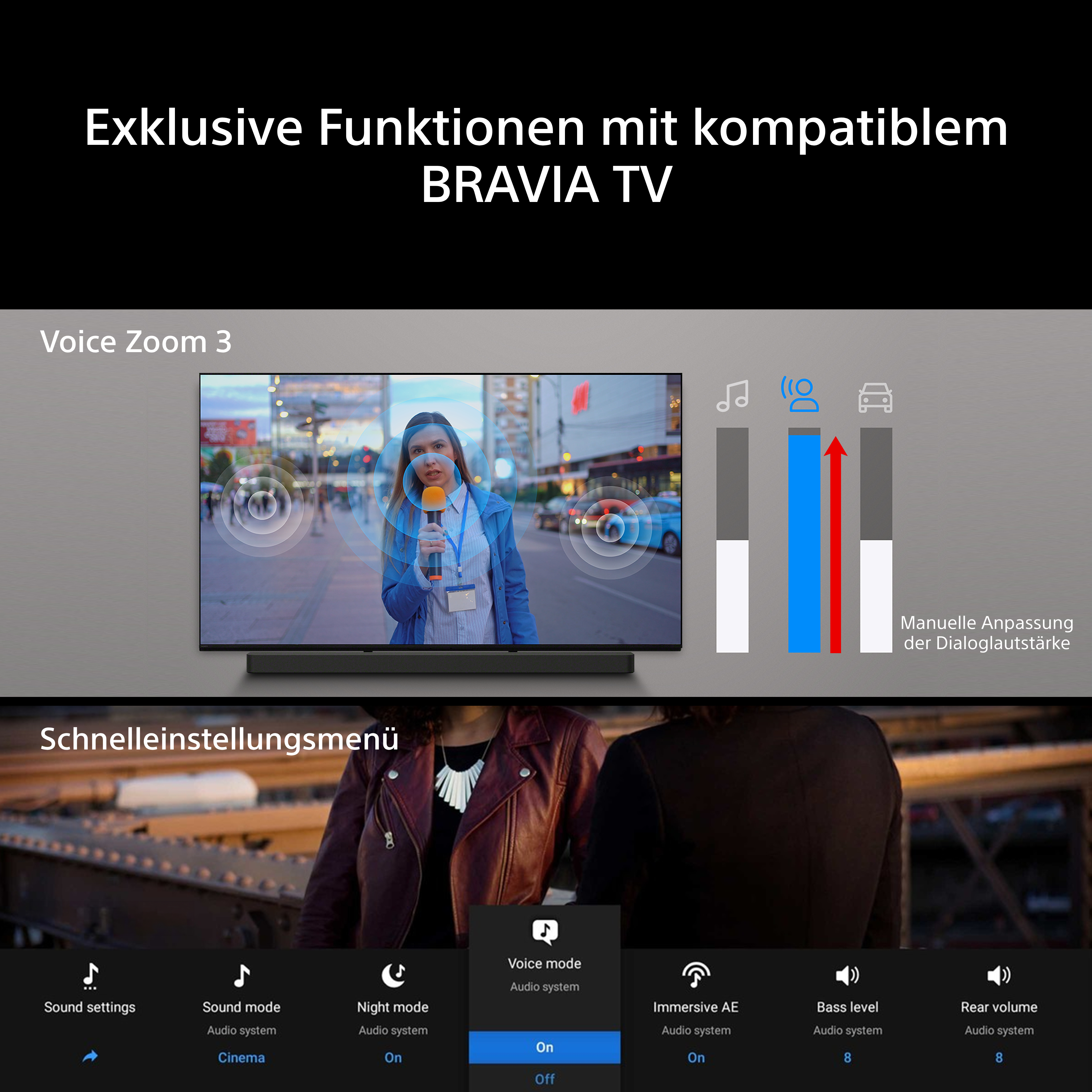 TV-Bildschirm zeigt Nachrichtensprecherin, Menüoptionen.