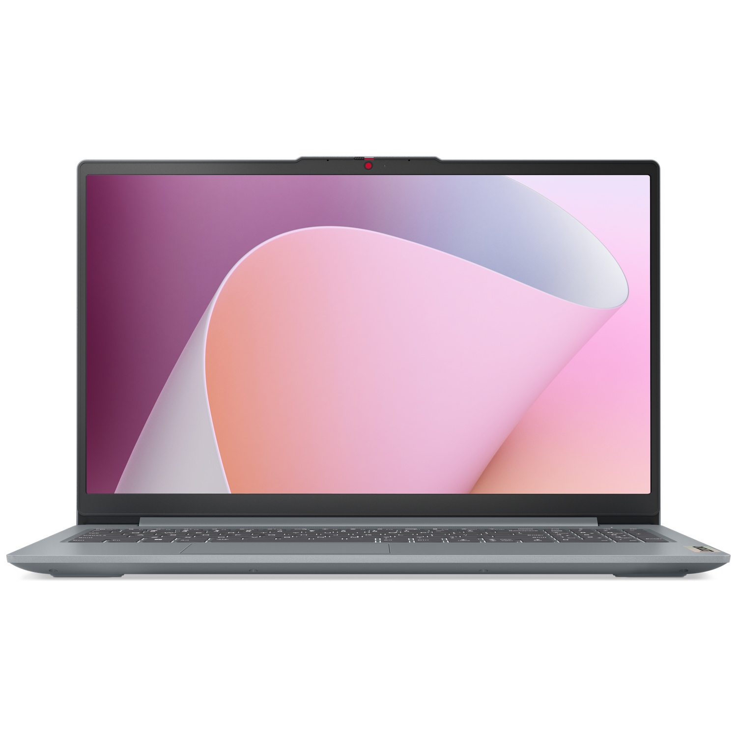 Een gesloten grijze laptop met een abstracte roze schermachtergrond.