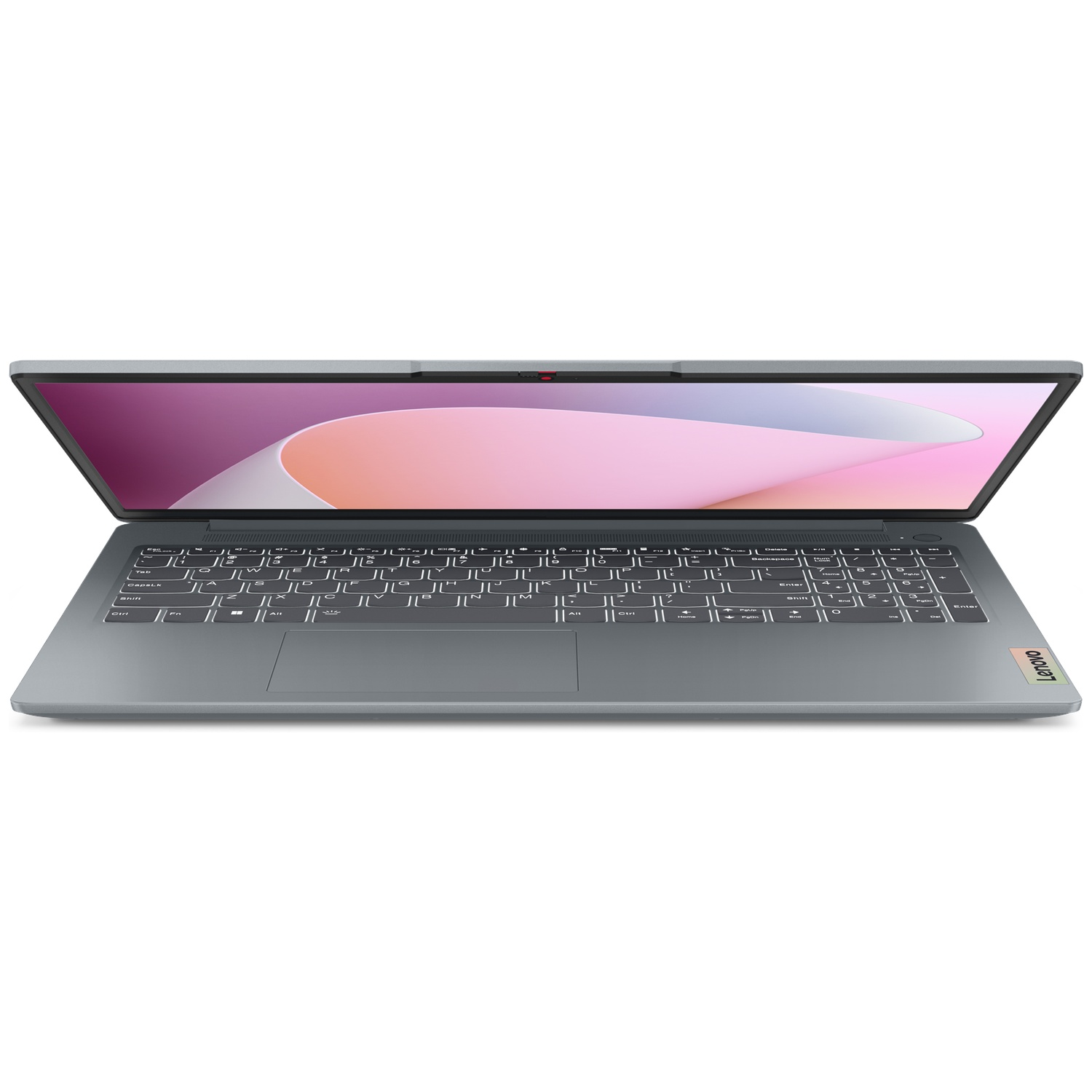 Een grijze Lenovo laptop met open scherm, waarop een abstracte roze en paarse grafiek wordt weergegeven.