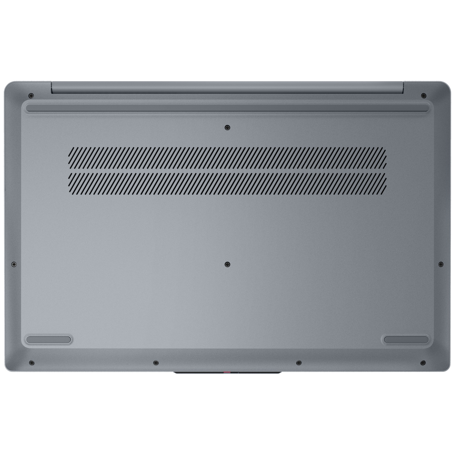 Onderkant van een grijze laptop met ventilatieopeningen en schroeven.