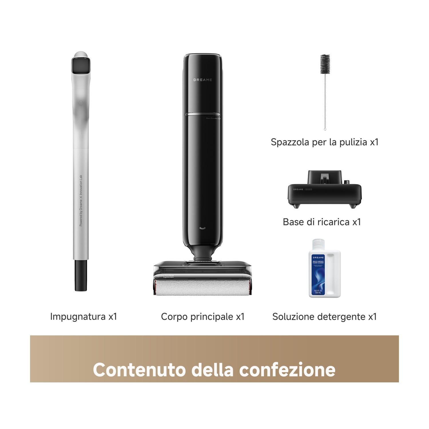 Contenuto della confezione: Manico, corpo principale, spazzola, base di ricarica, soluzione detergente.
