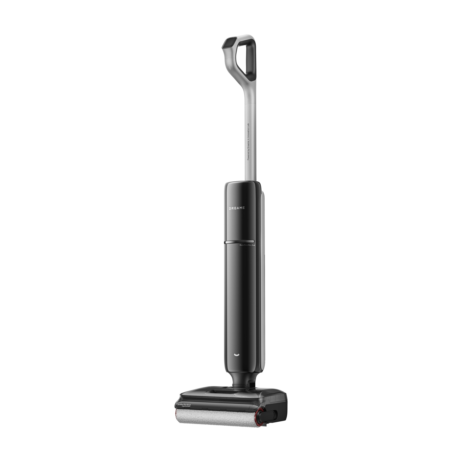 Un pulitore per pavimenti nero ed elegante con manico e spazzola argentati.