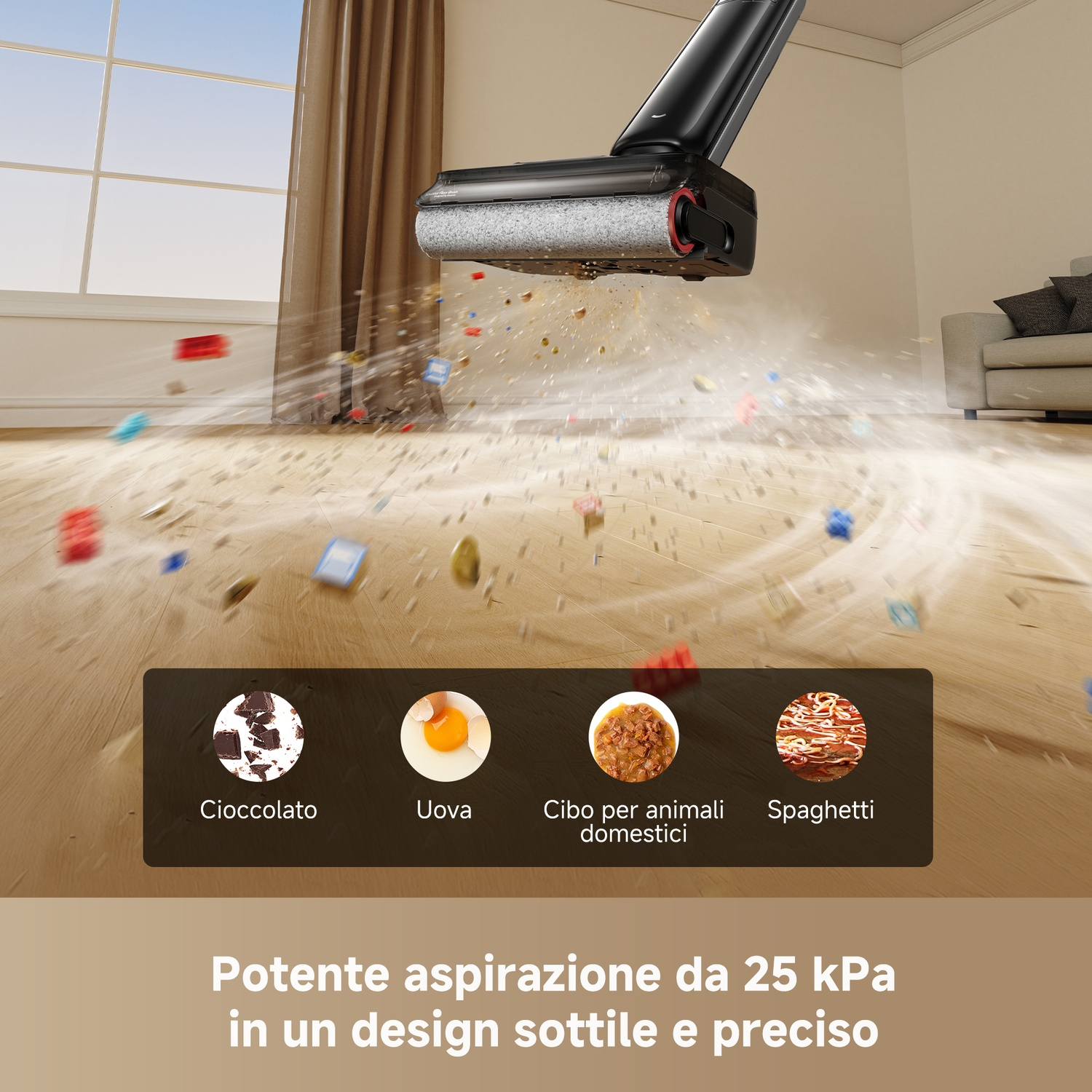 Un aspirapolvere aspira sporco, briciole e piccoli oggetti da un pavimento in legno.