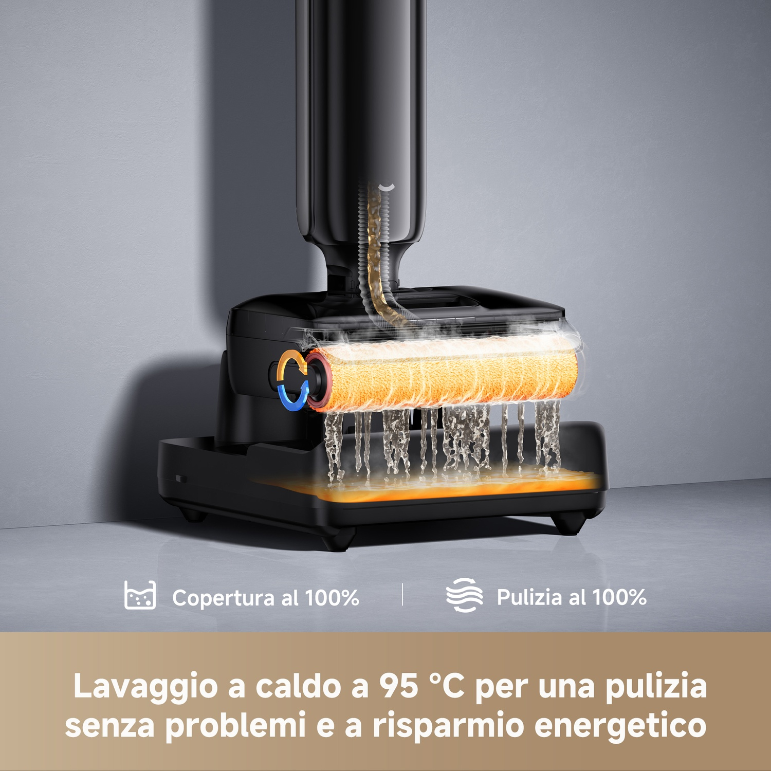Un pulitore a vapore con spazzola rotante che spruzza acqua.