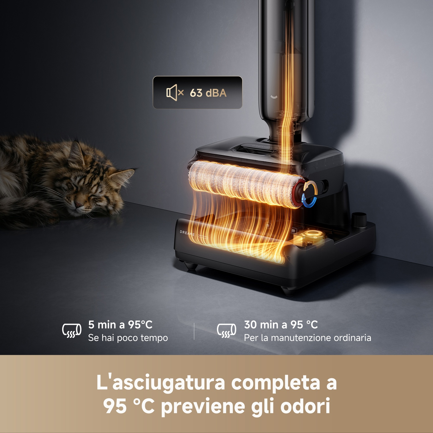 Un gatto addormentato vicino a un aspirapolvere con rulli luminosi. 63 dBA.