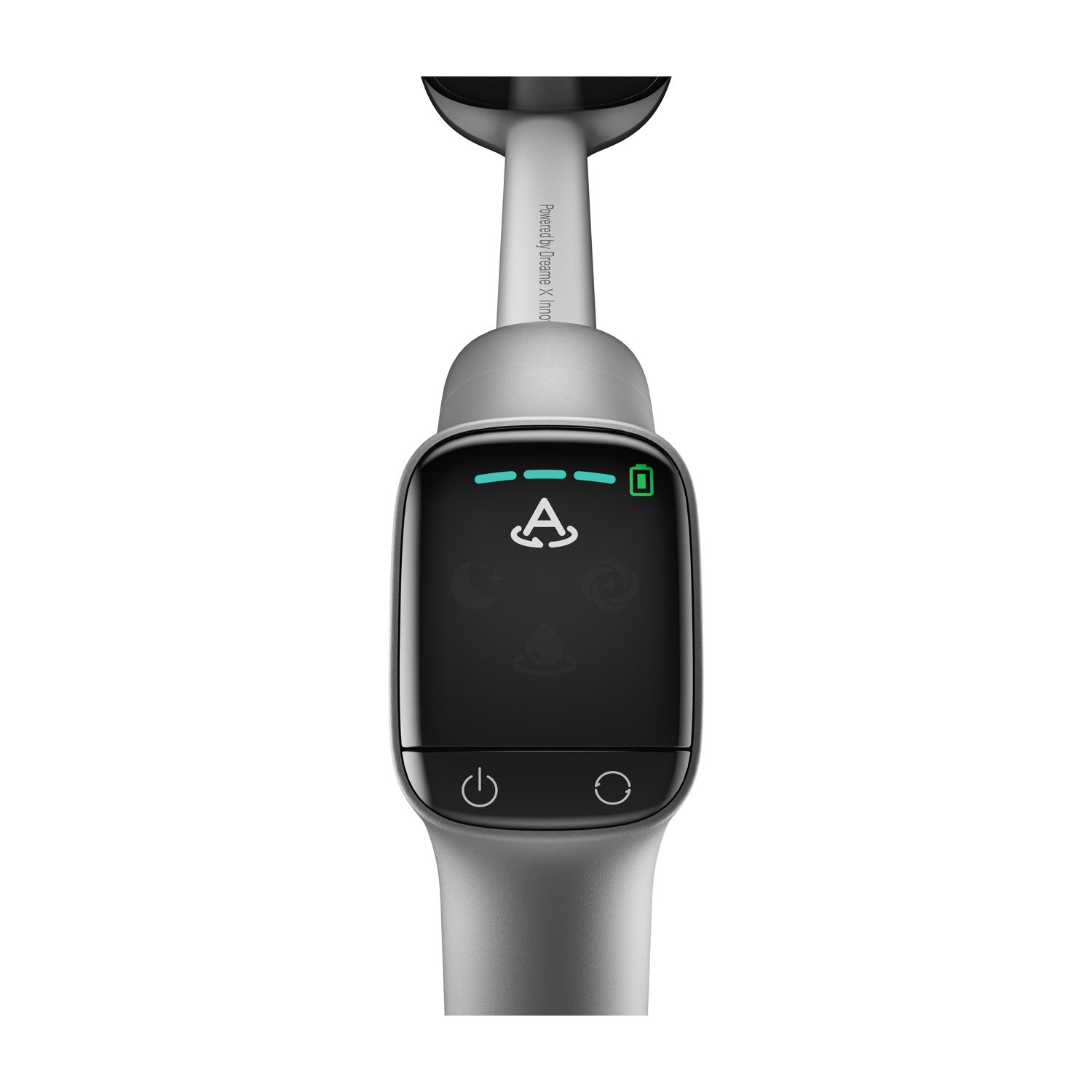 Dispositivo argentato con touchscreen nero che mostra una 'A' e icone.