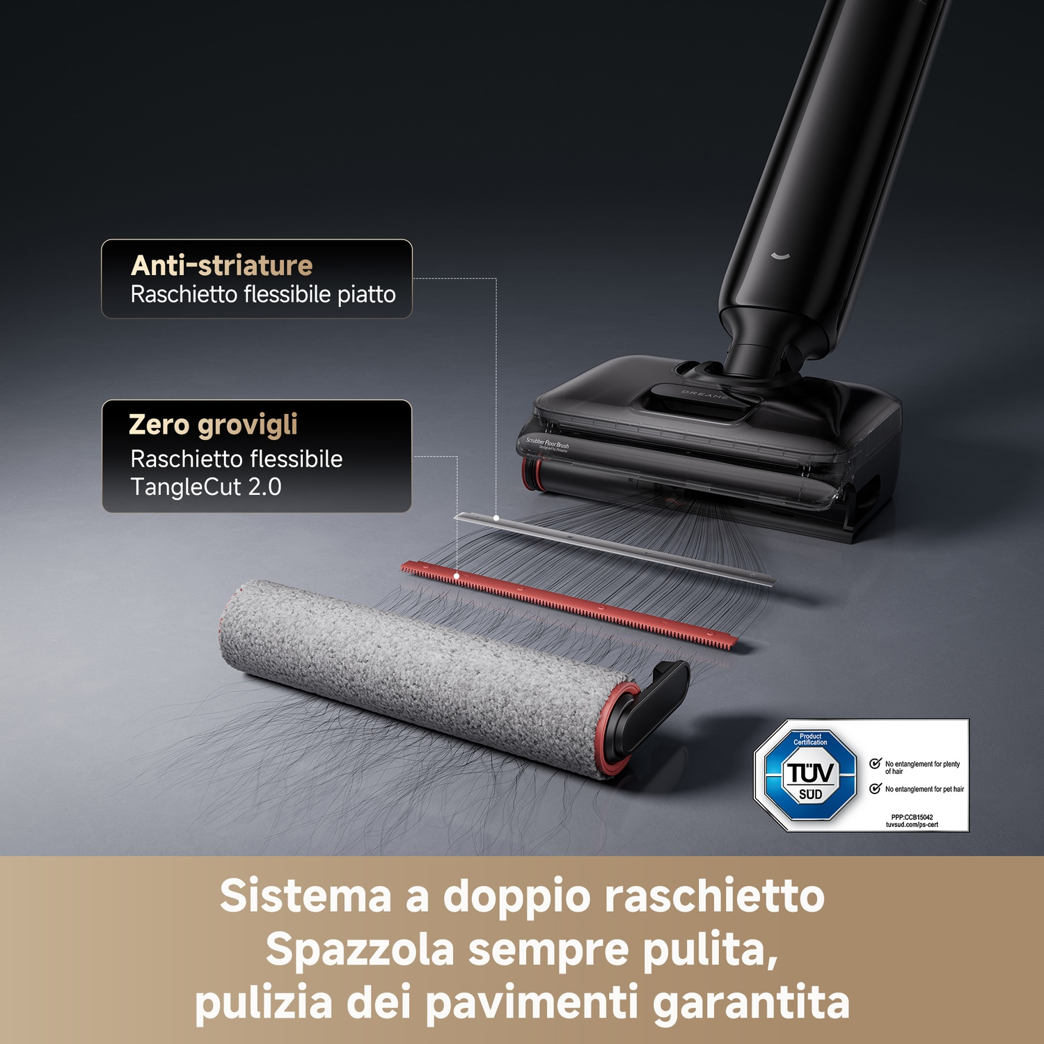 Un accessorio per aspirapolvere con spazzola e labbra in gomma, che rimuove i peli.