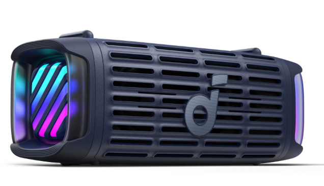 Ciemnoniebieski głośnik z oświetleniem RGB i kratownicą.